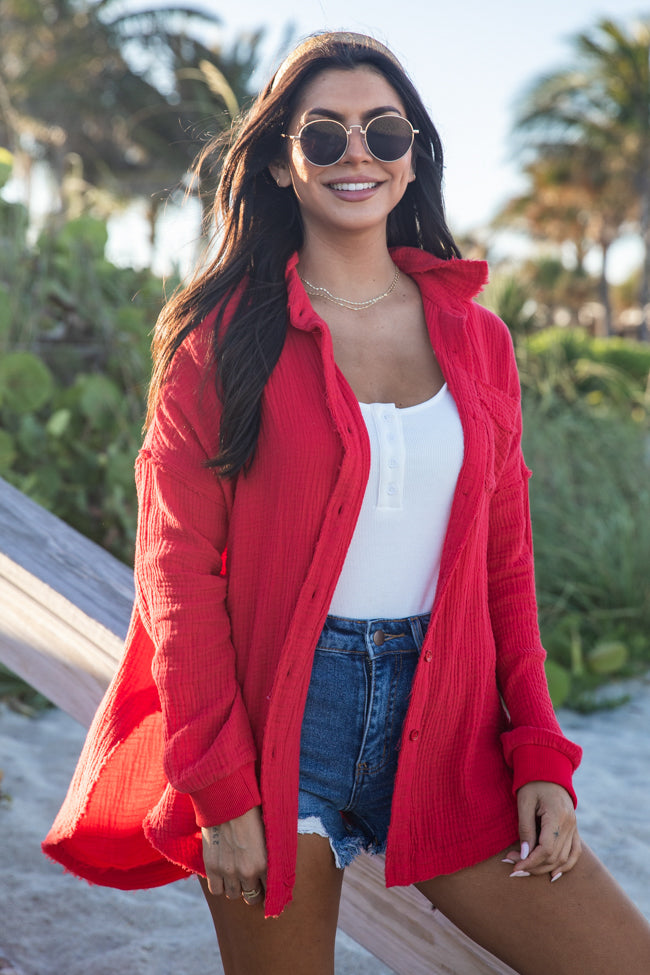 Let Me Adore You Red Button Front Gauze Blouse