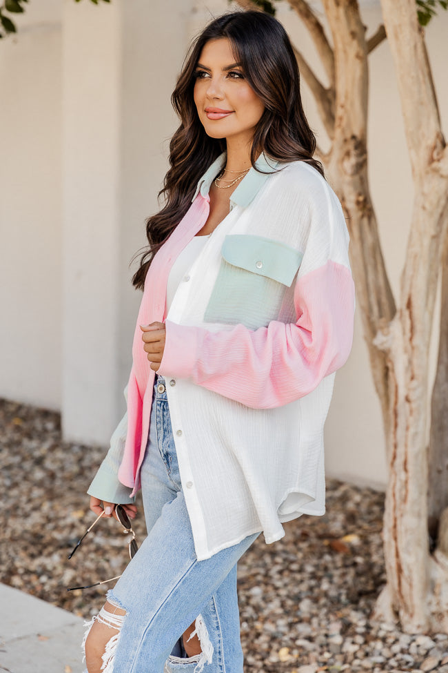 Just So You Know Sage And Pink Colorblock Button Up Gauze Blouse