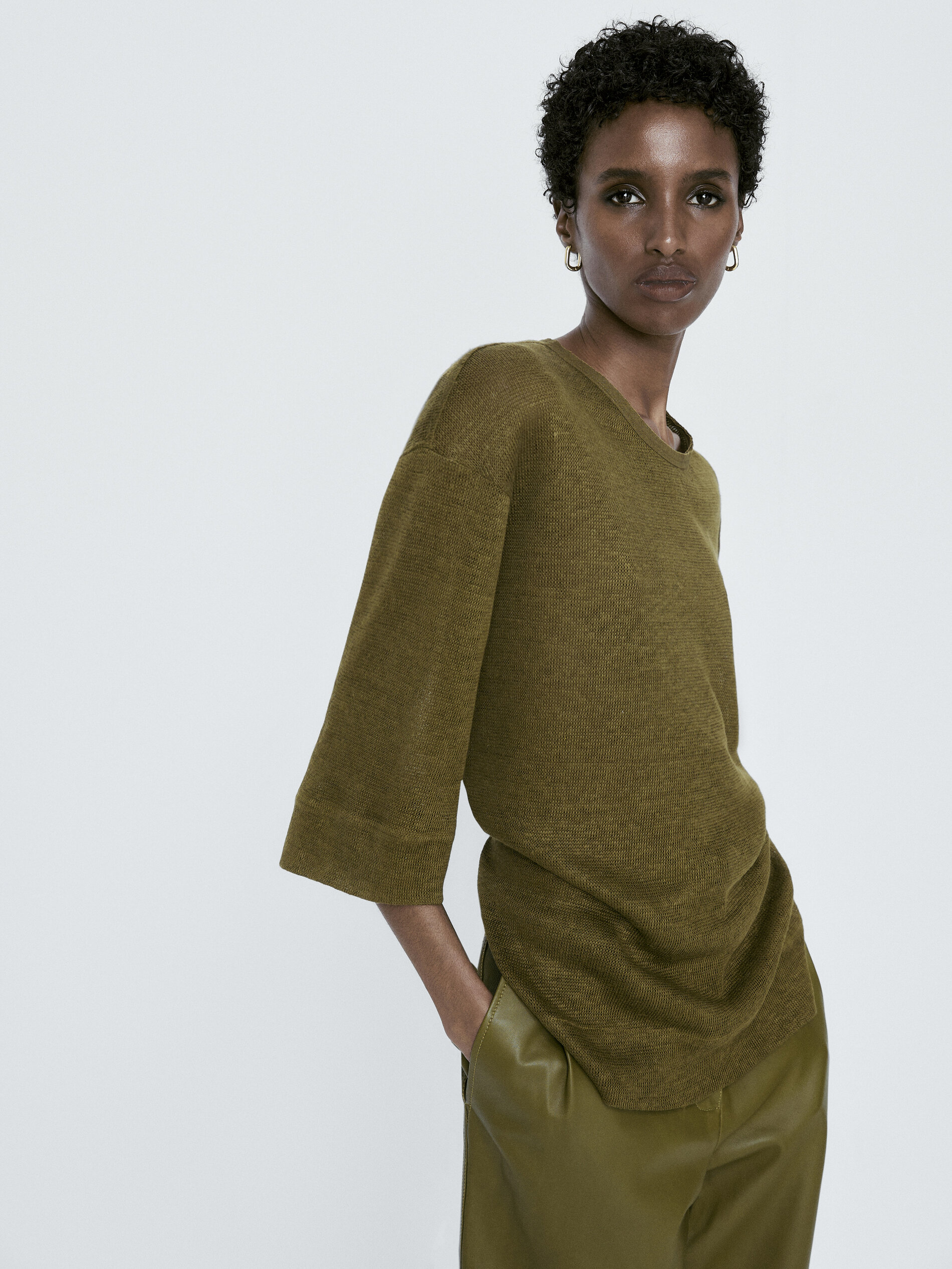 Camiseta 100% lino manga 3/4 - KAKI