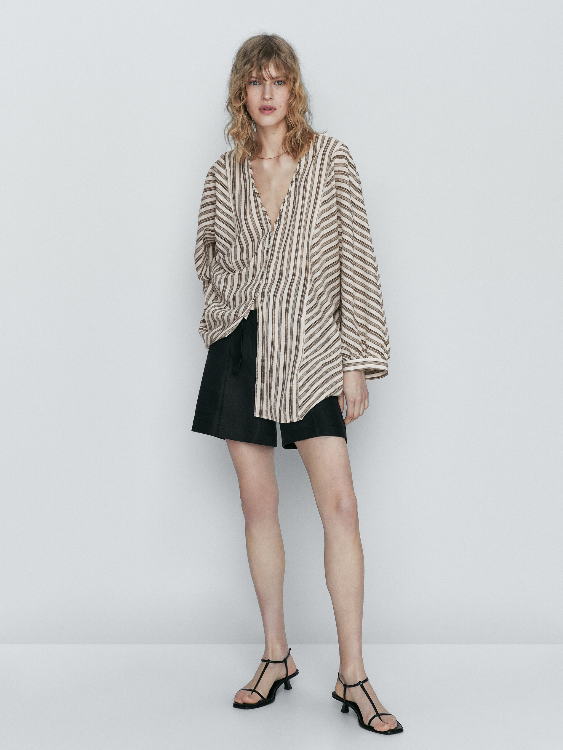 Camisa rayas acabado gofrado - MARRÓN