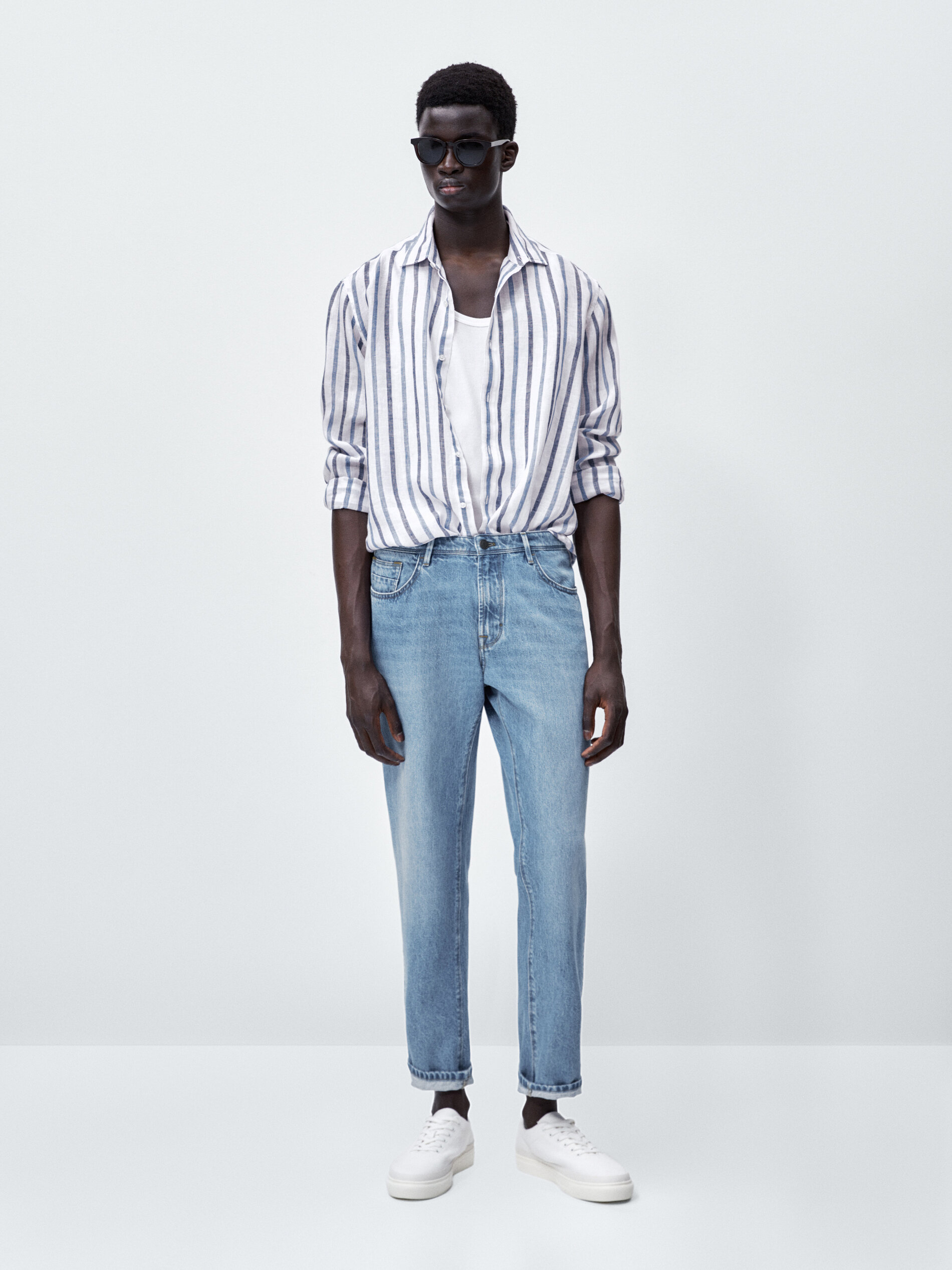 Camisa rayas doble tono lino slim fit - Azul Claro