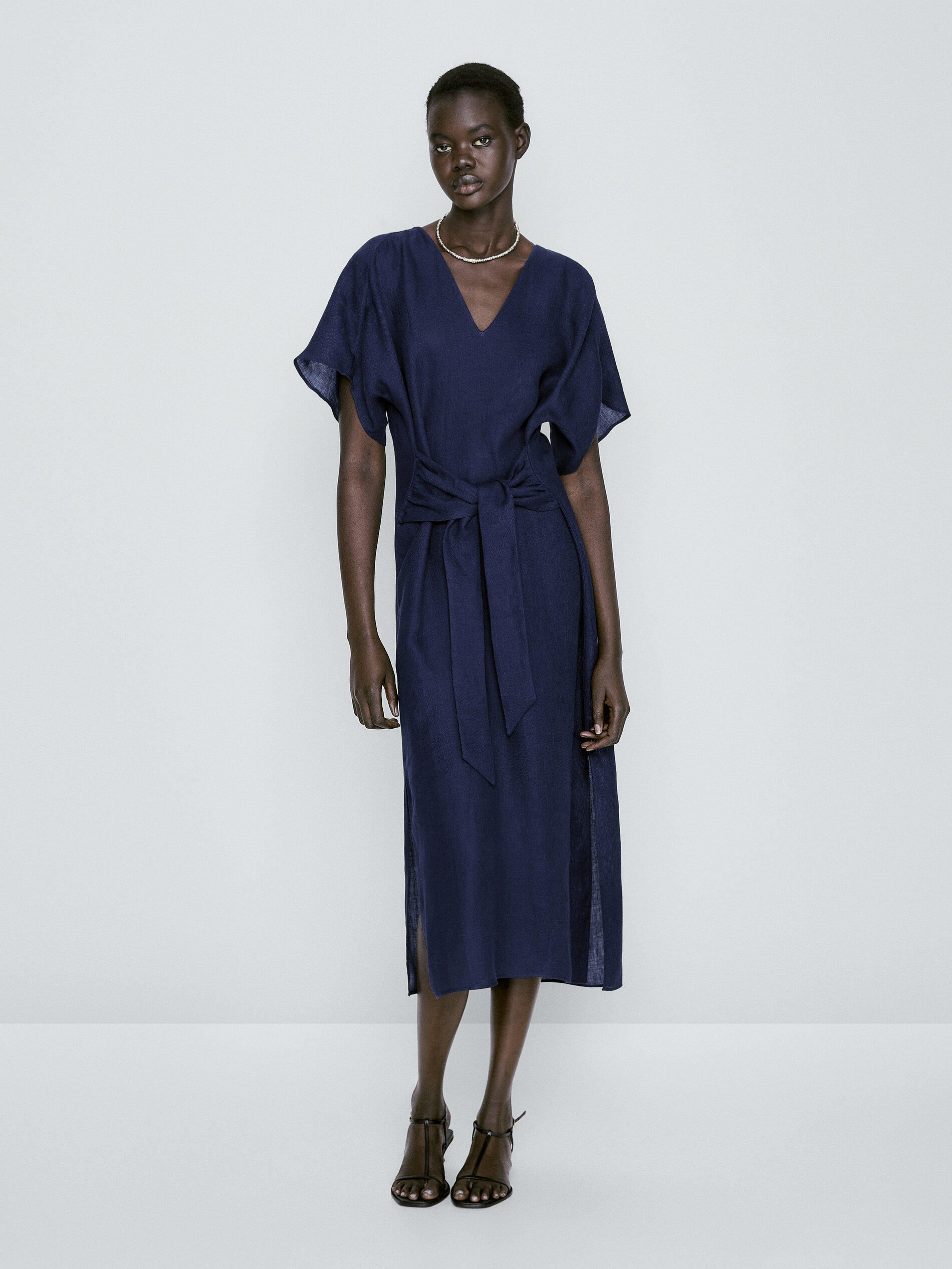 Vestido midi lino lazada - AZUL