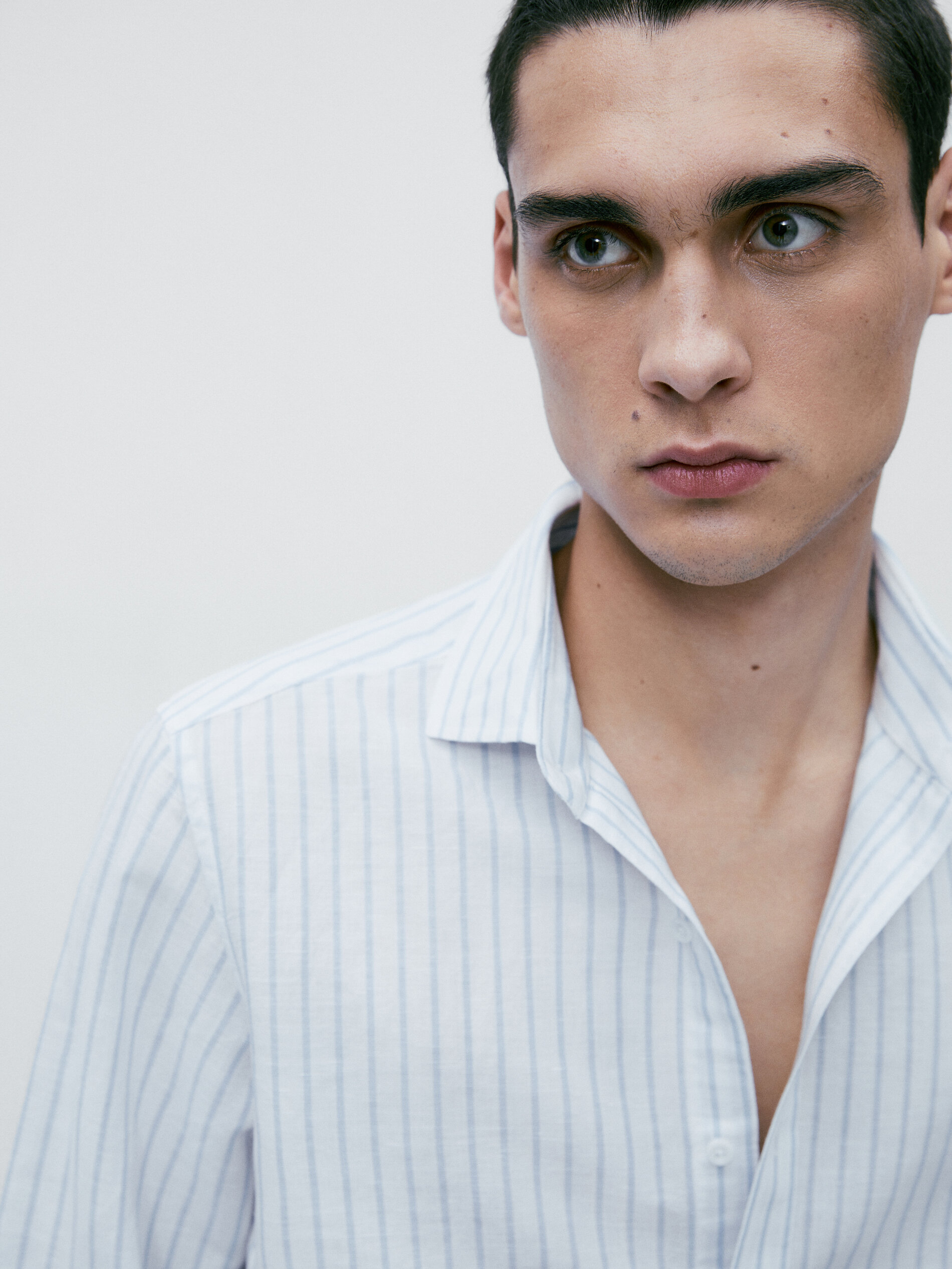 Camisa rayas con lino y algodón slim fit - CELESTE