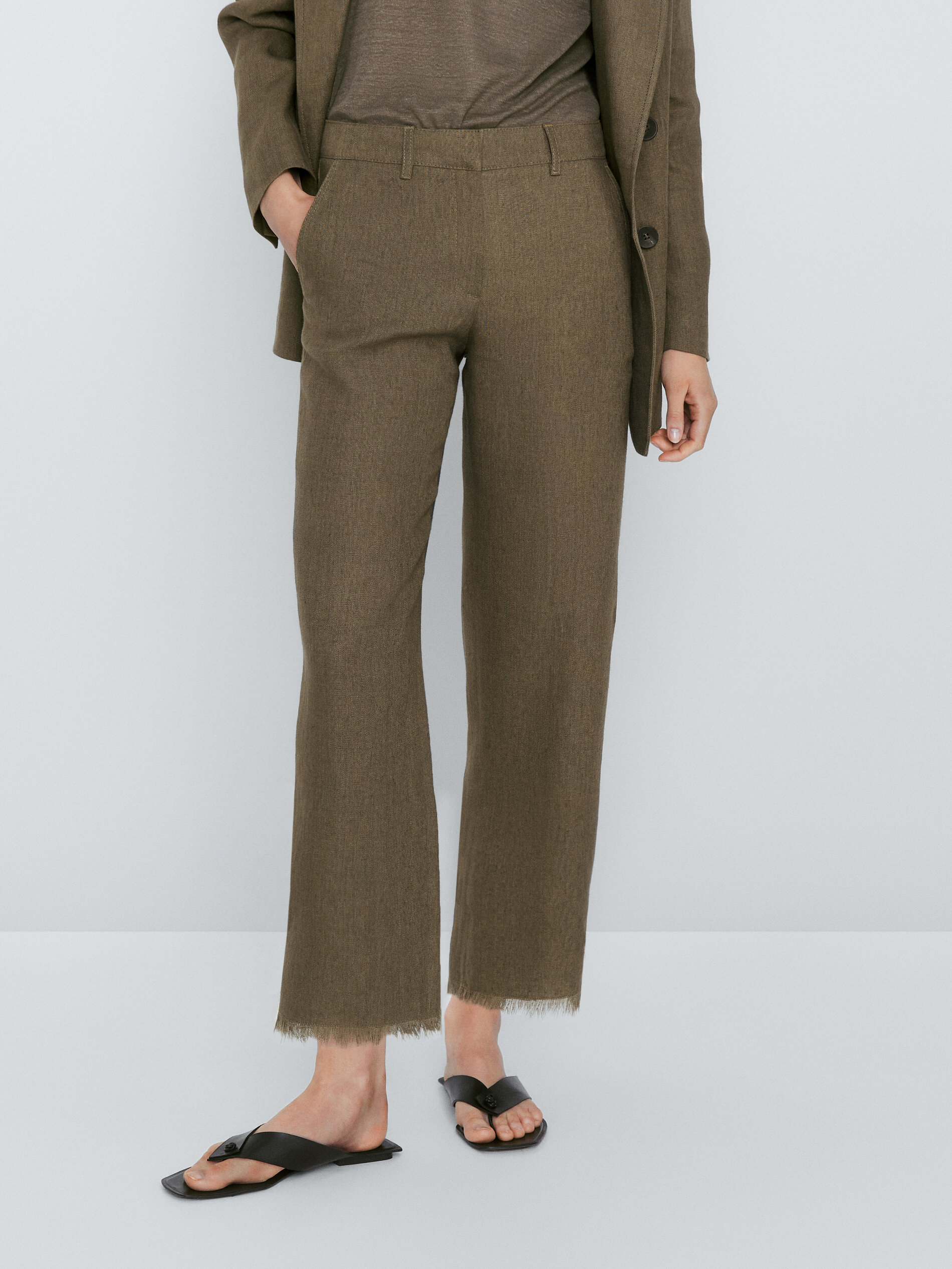 Pantalón traje lino rústico desflecado - OLIVA OSC