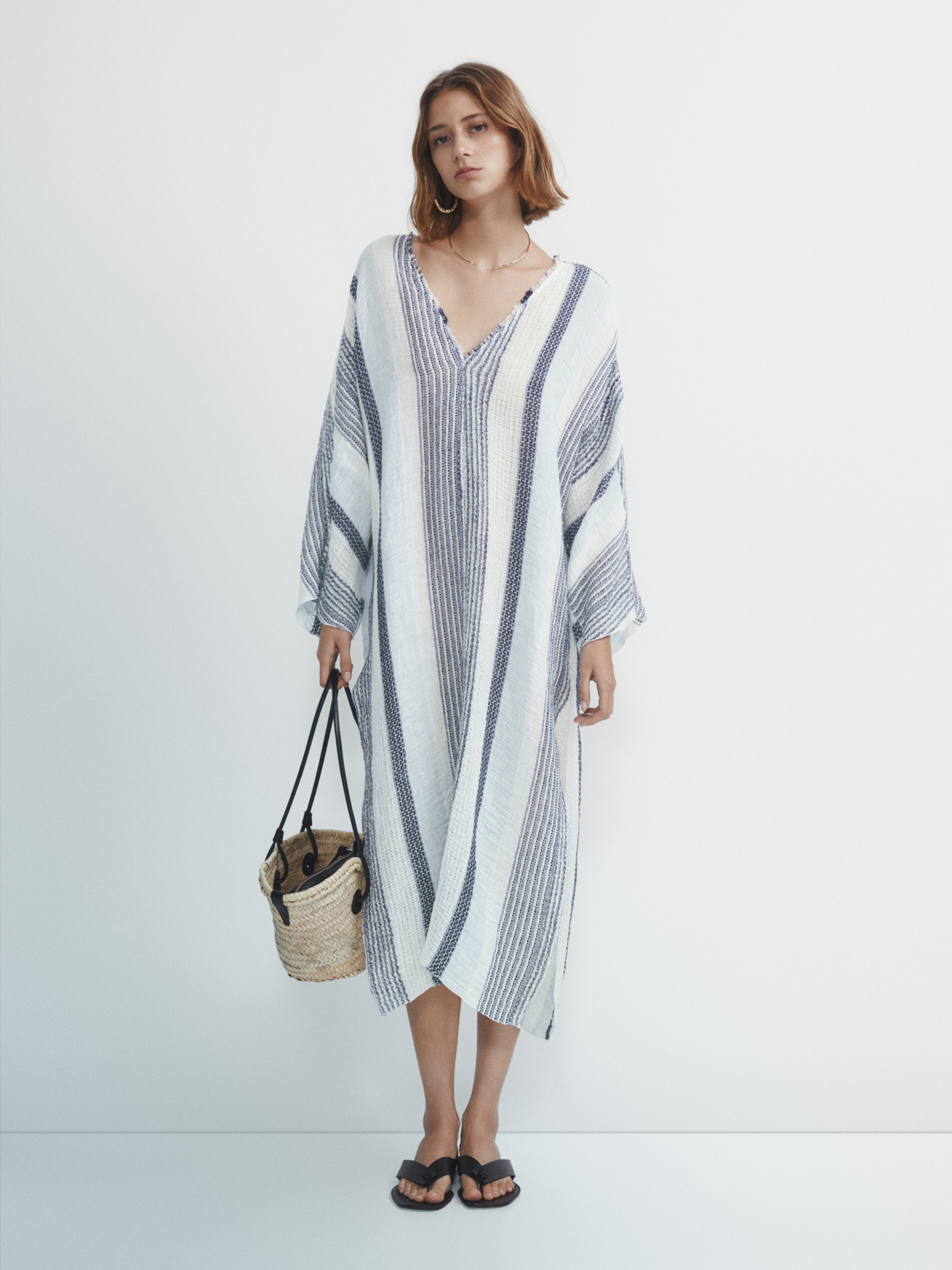 Maxi blusón rayas mezcla lino gofrado - BLANCO