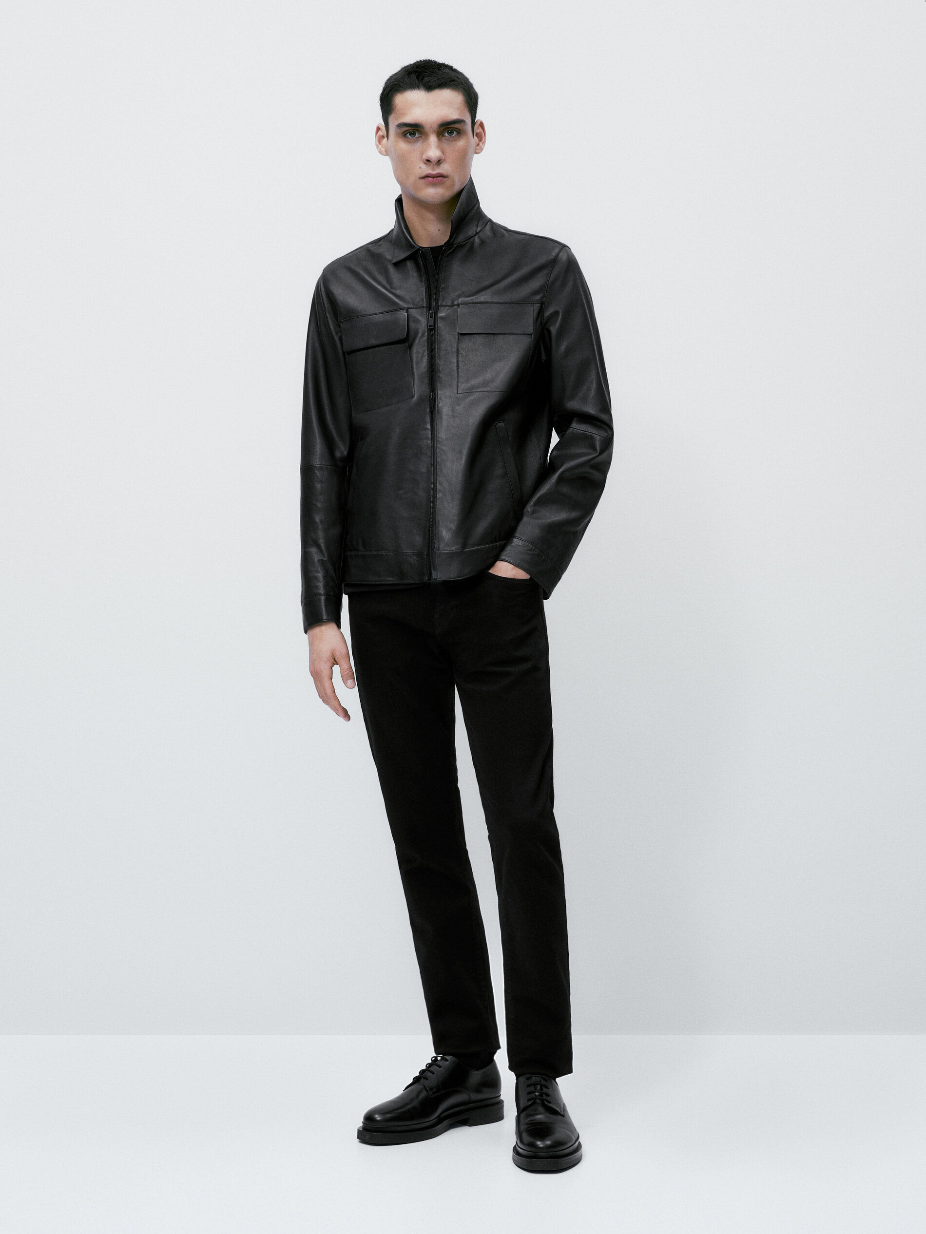 Chaqueta piel napa bolsillos negra - NEGRO