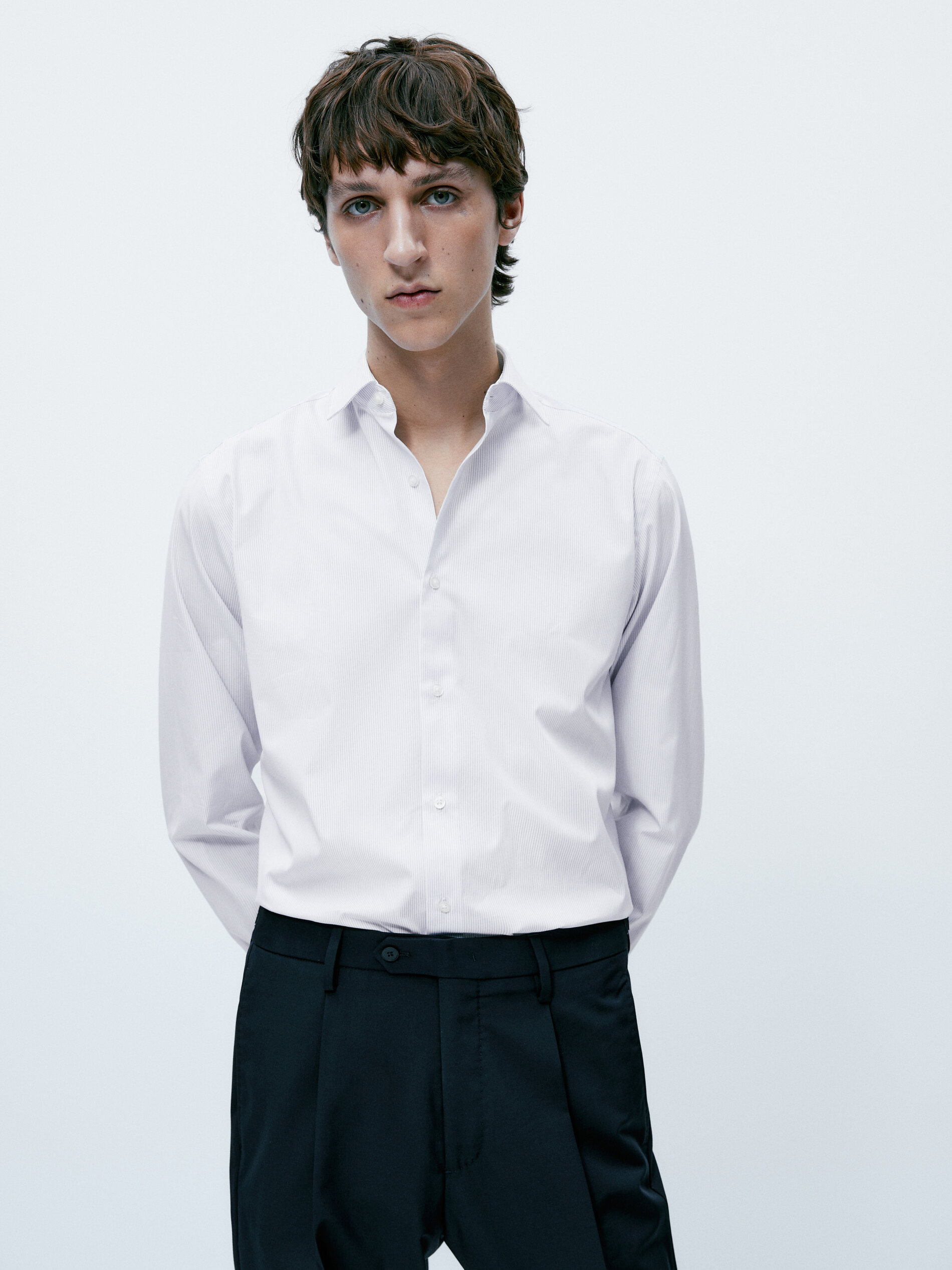 Camisa rayas algodón slim fit - CELESTE