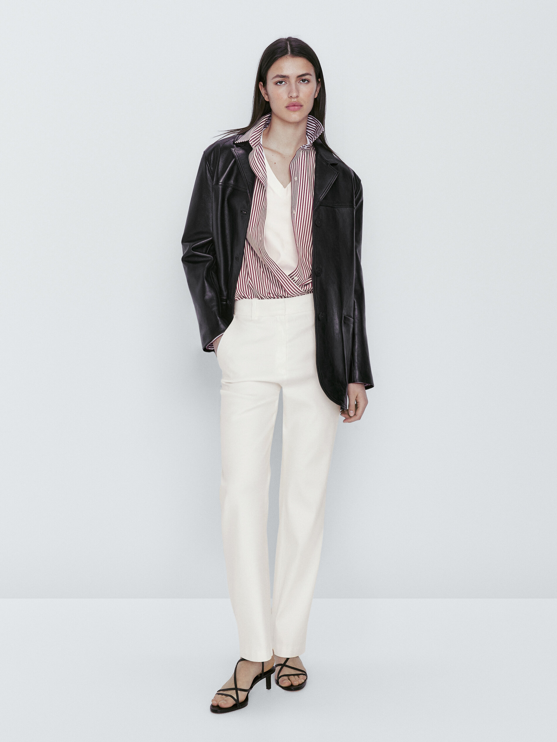 Pantalón con lino recto - BLANCO