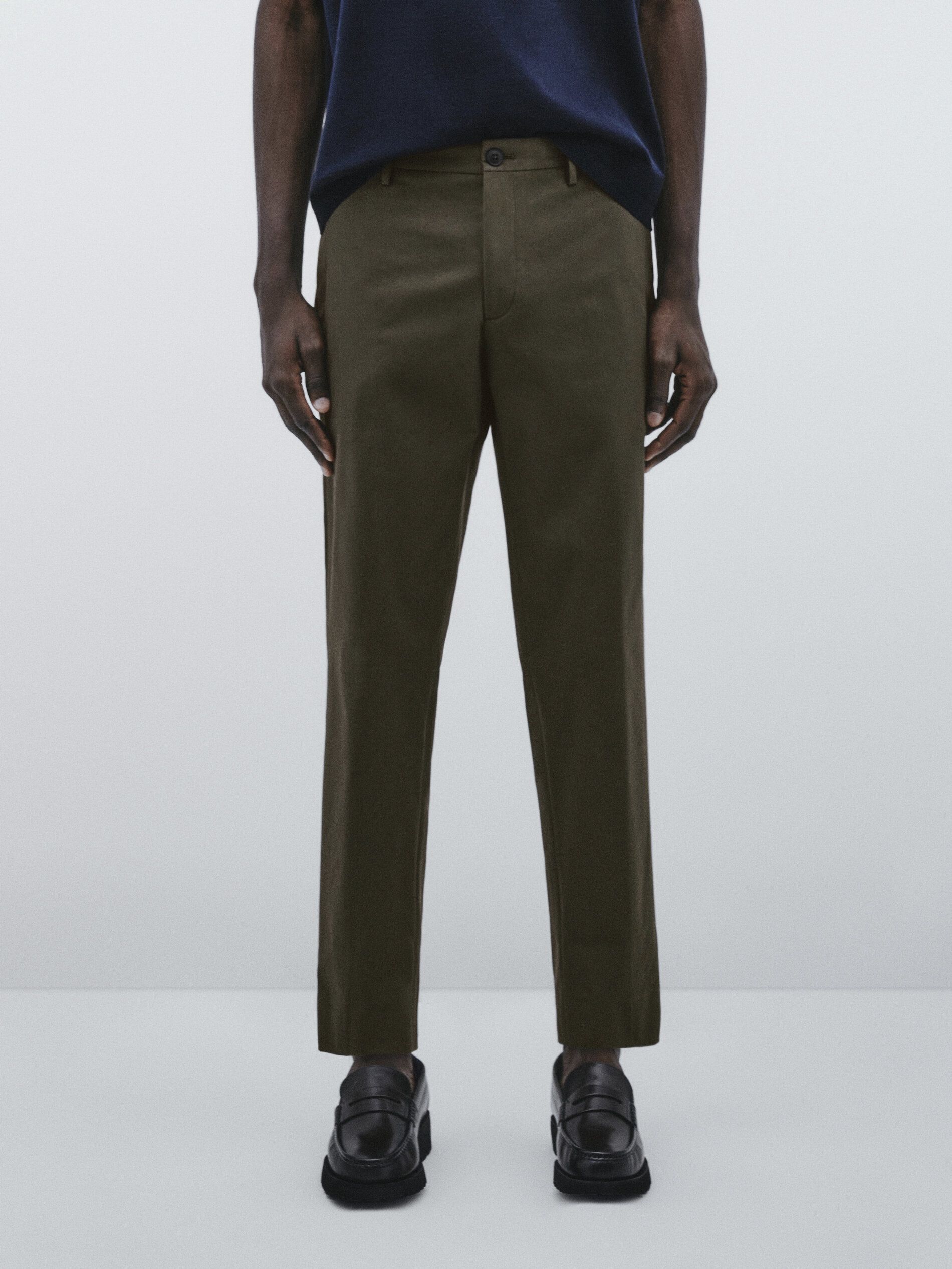 Pantalón traje mezcla algodón stretch -Studio - KAKI OSCURO