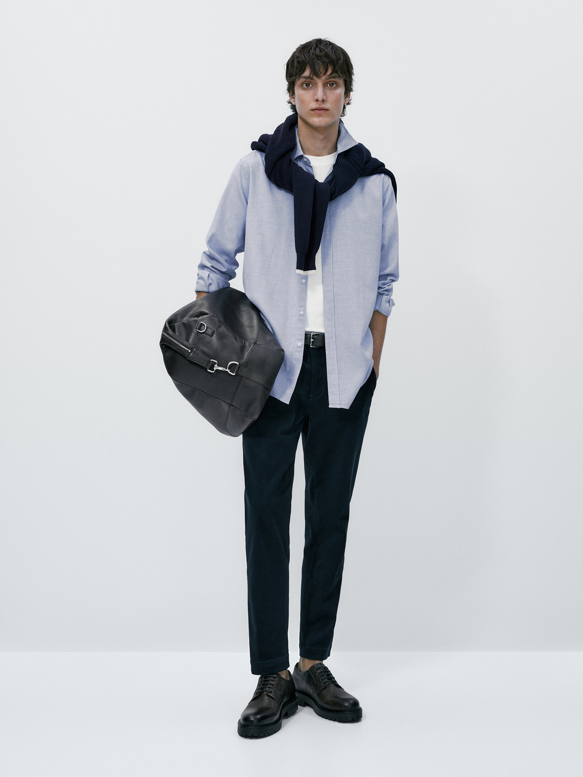 Camisa melange algodón slim fit - CELESTE