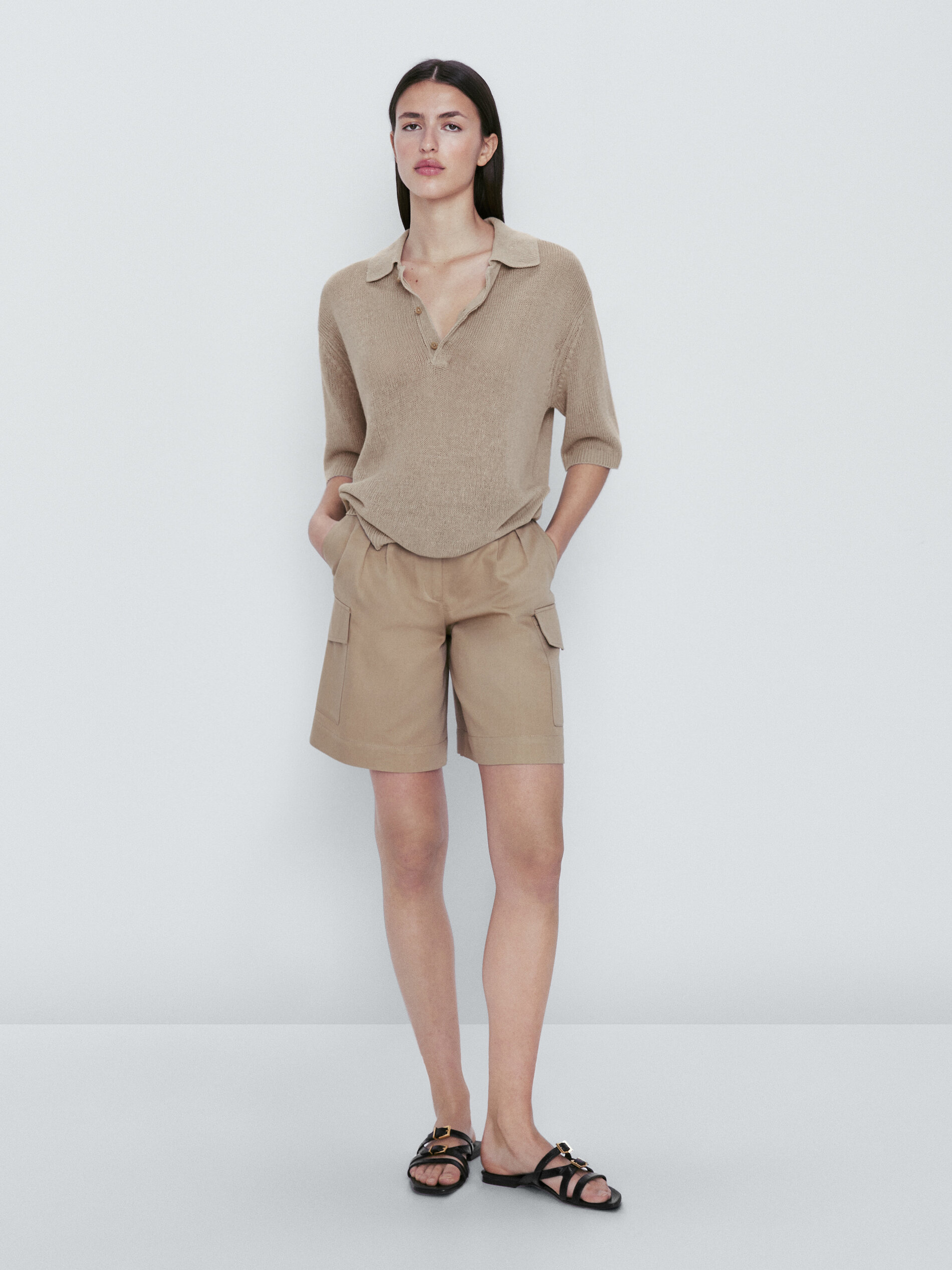 Jersey cuello polo botones 100% lino - Piedra