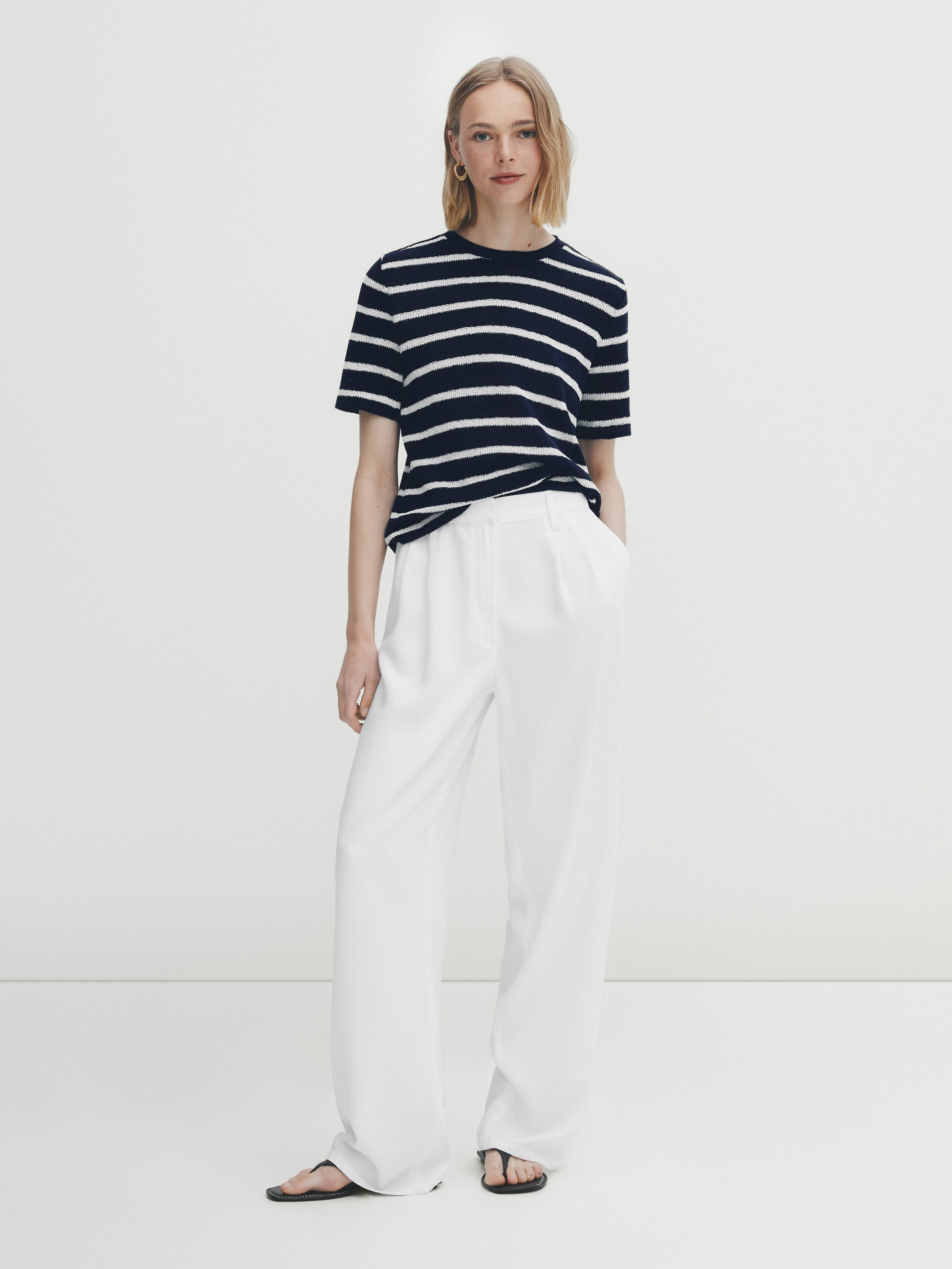 Camiseta rayas mezcla algodón estructura - AZUL MARINO