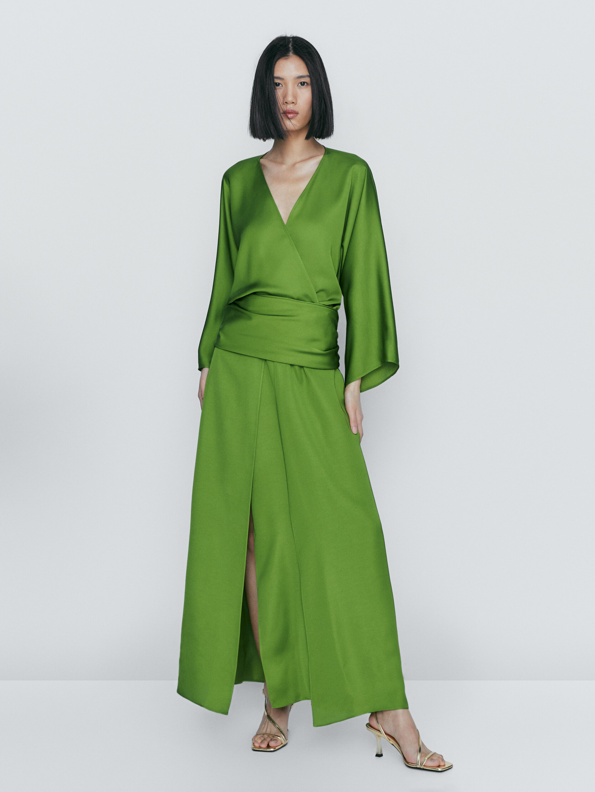 Vestido kimono fluido detalle fajín - VERDE
