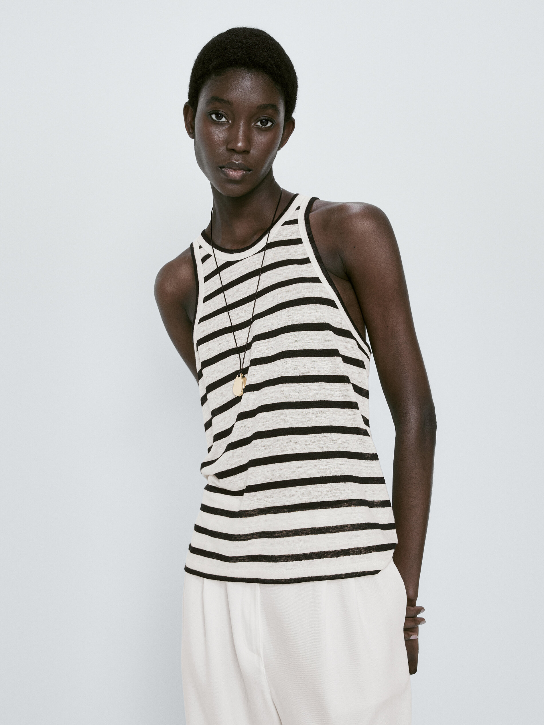 Camiseta rayas lino manga sisa - CRUDO