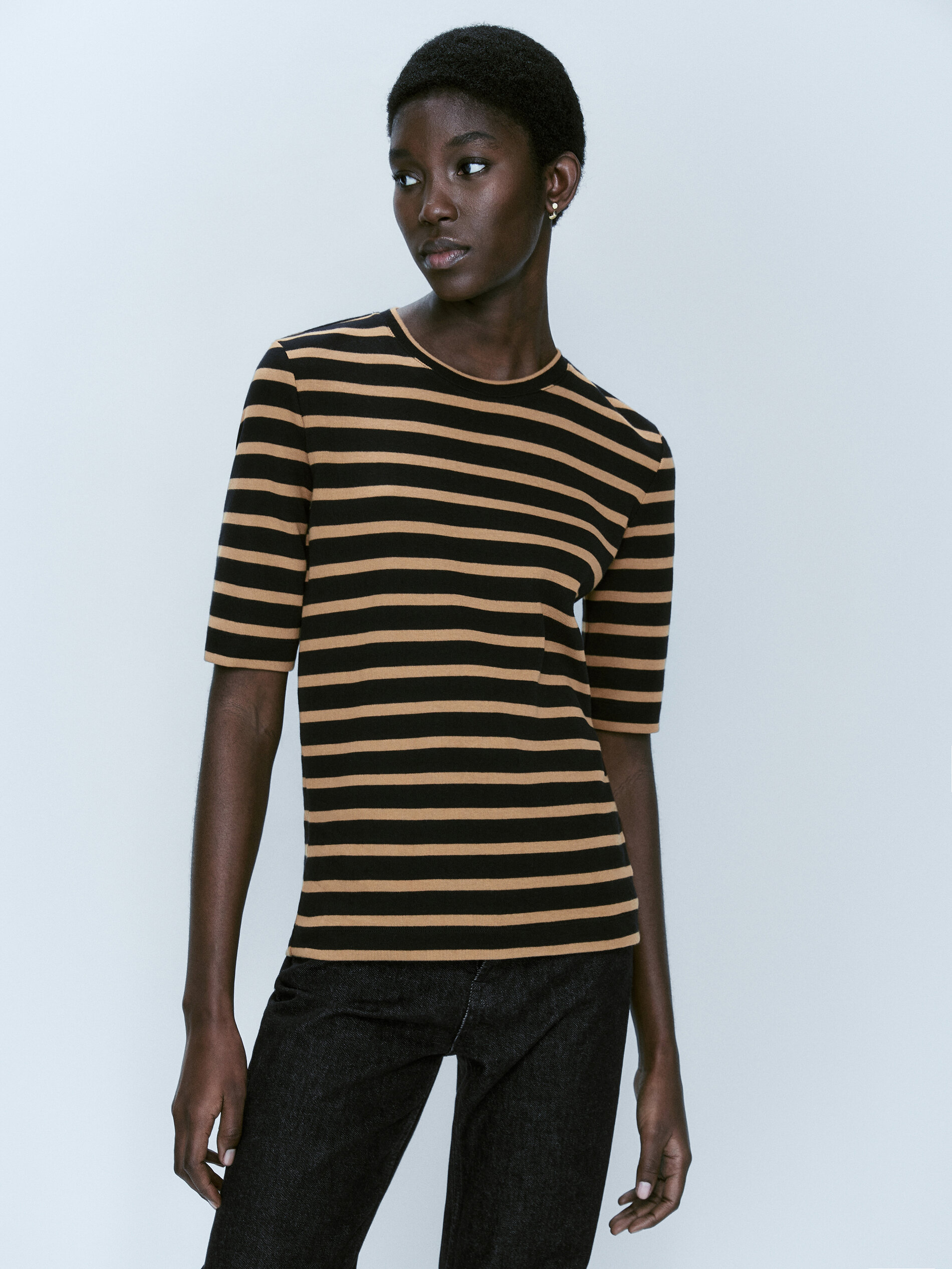 Camiseta rayas manga corta algodón - MARRÓN