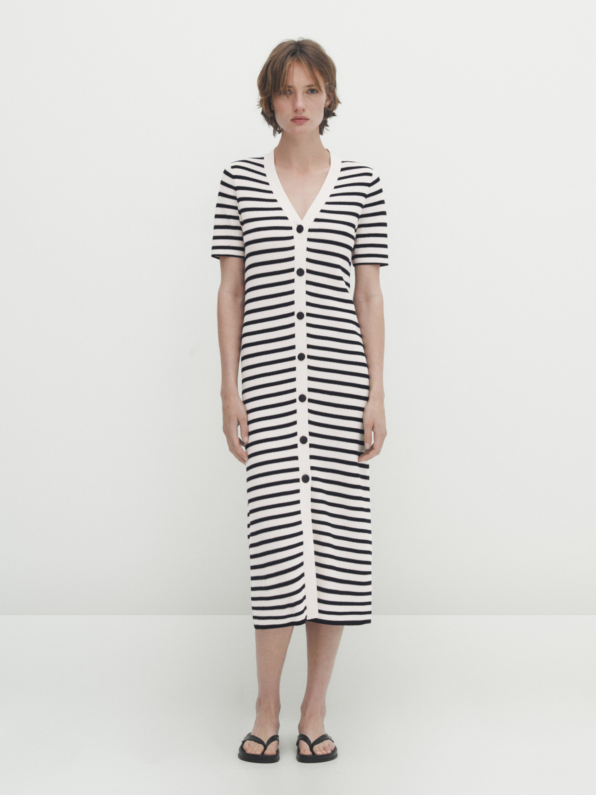 Vestido midi rayas algodón estructura - AZUL MARINO