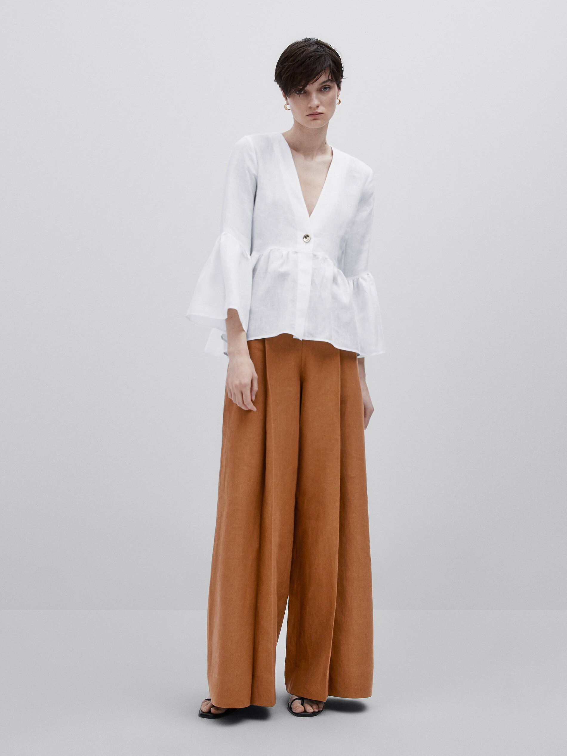 Camisa peplum lino botón -Studio - BLANCO