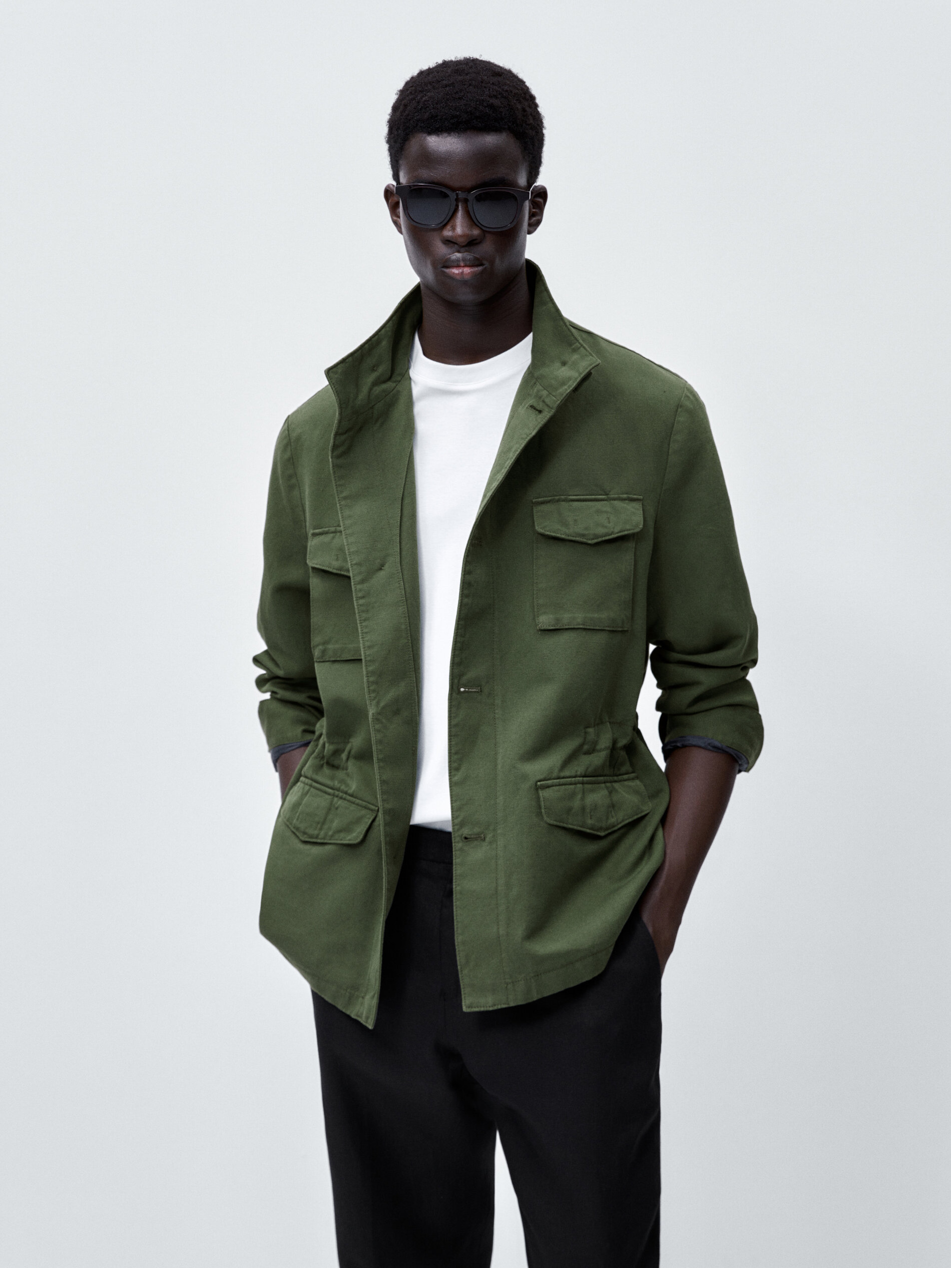 Chaqueta con algodón y lino bolsillos - KAKI