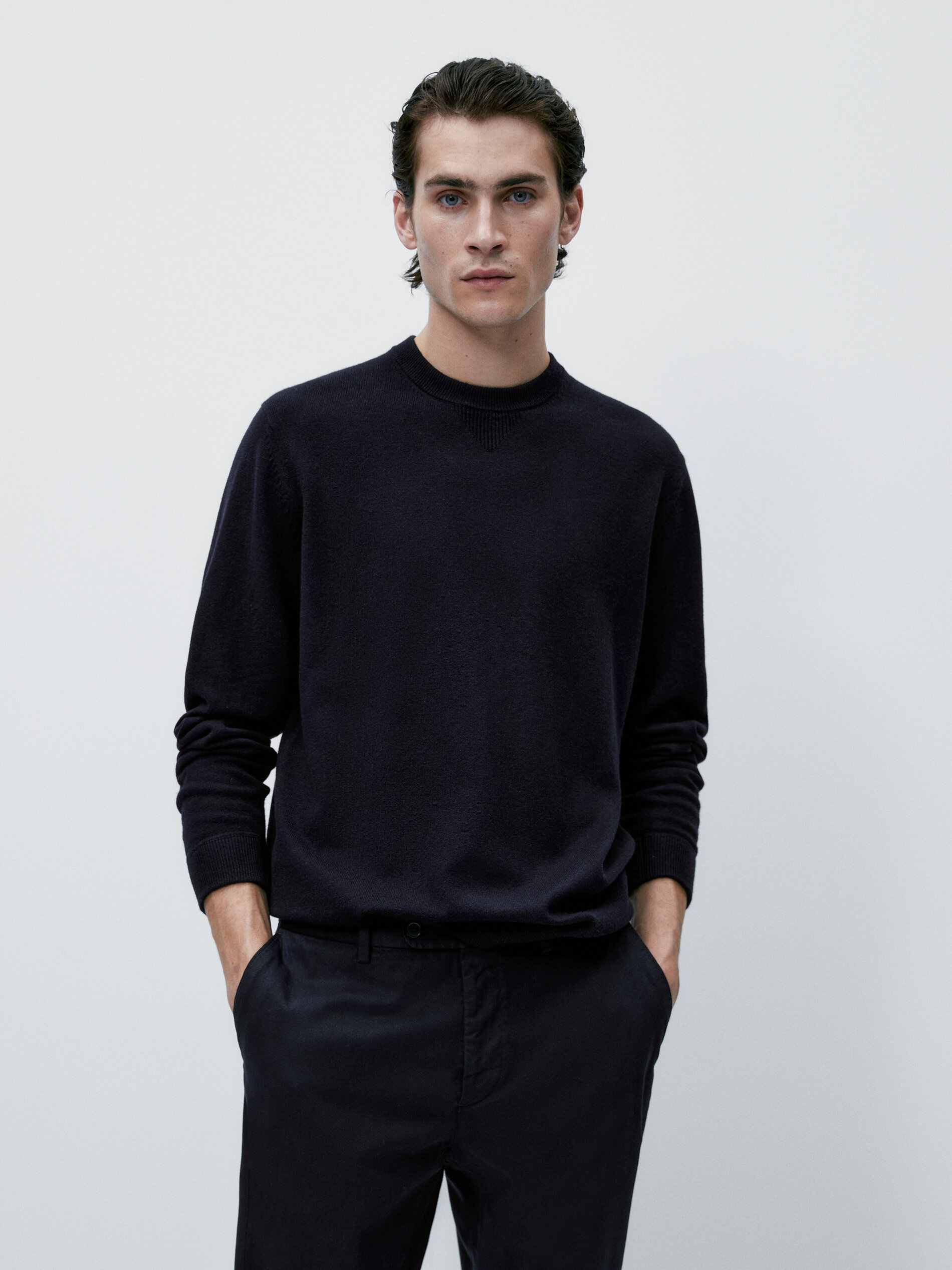 Jersey cuello redondo con lana y algodón - AZUL MARINO