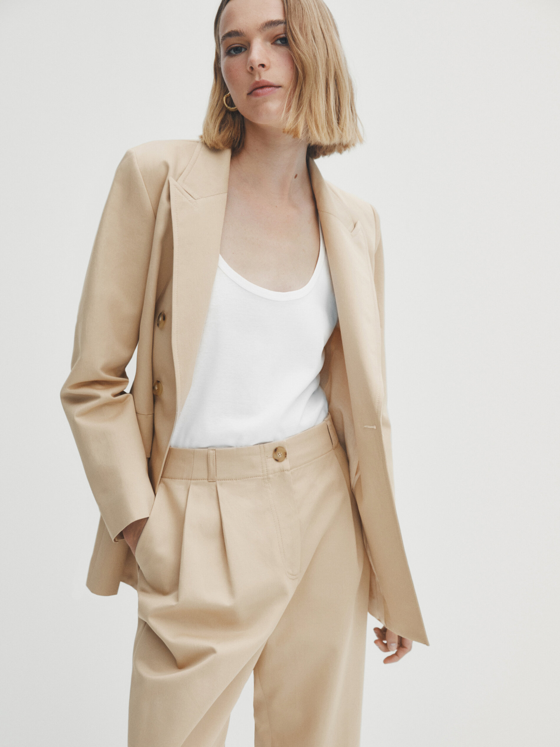 Pantalón pinzas cintura elástica - Beige Claro