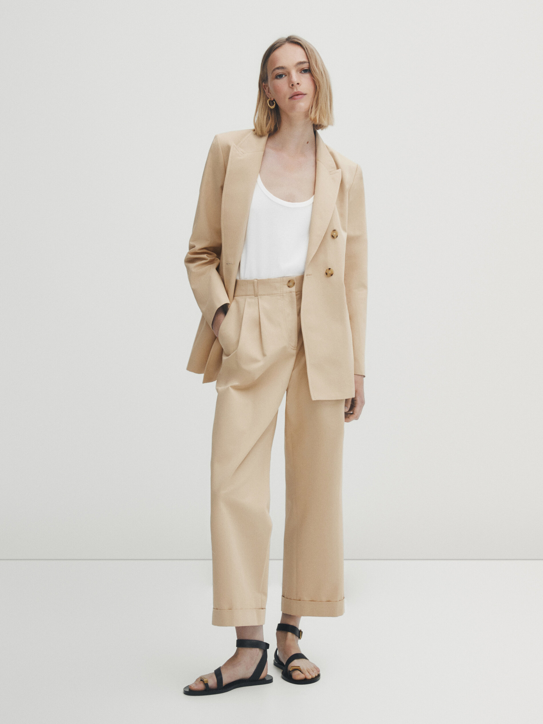 Americana cruzada mezcla algodón lino - Beige Claro