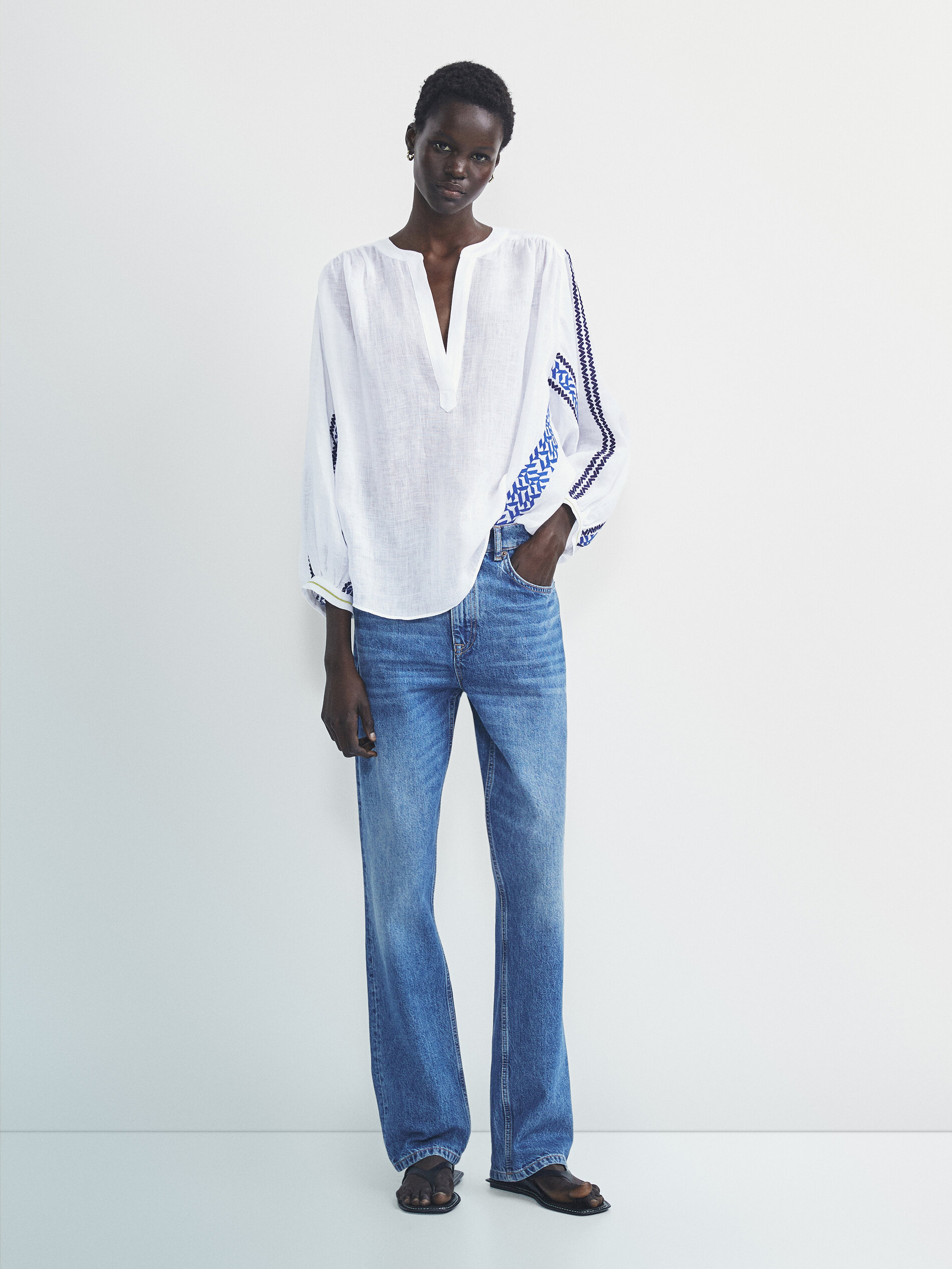 Camisa lino bordados - BLANCO