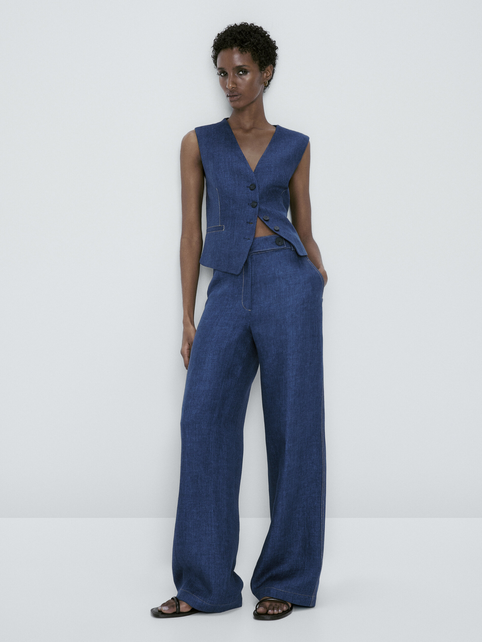 Pantalón traje ancho lino pespuntes - AZUL MARINO