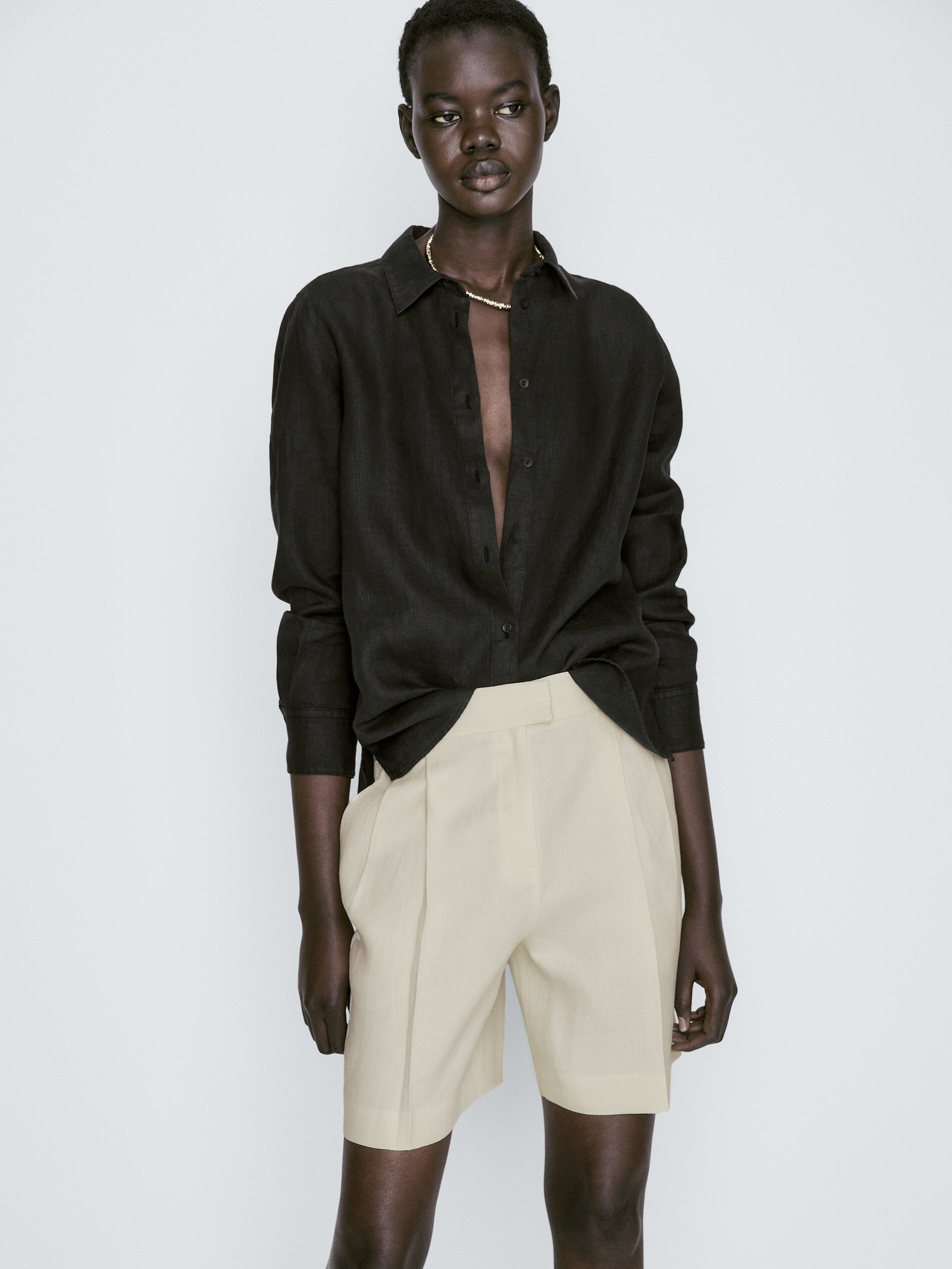 Bermuda pinzas 100% lino - Vainilla