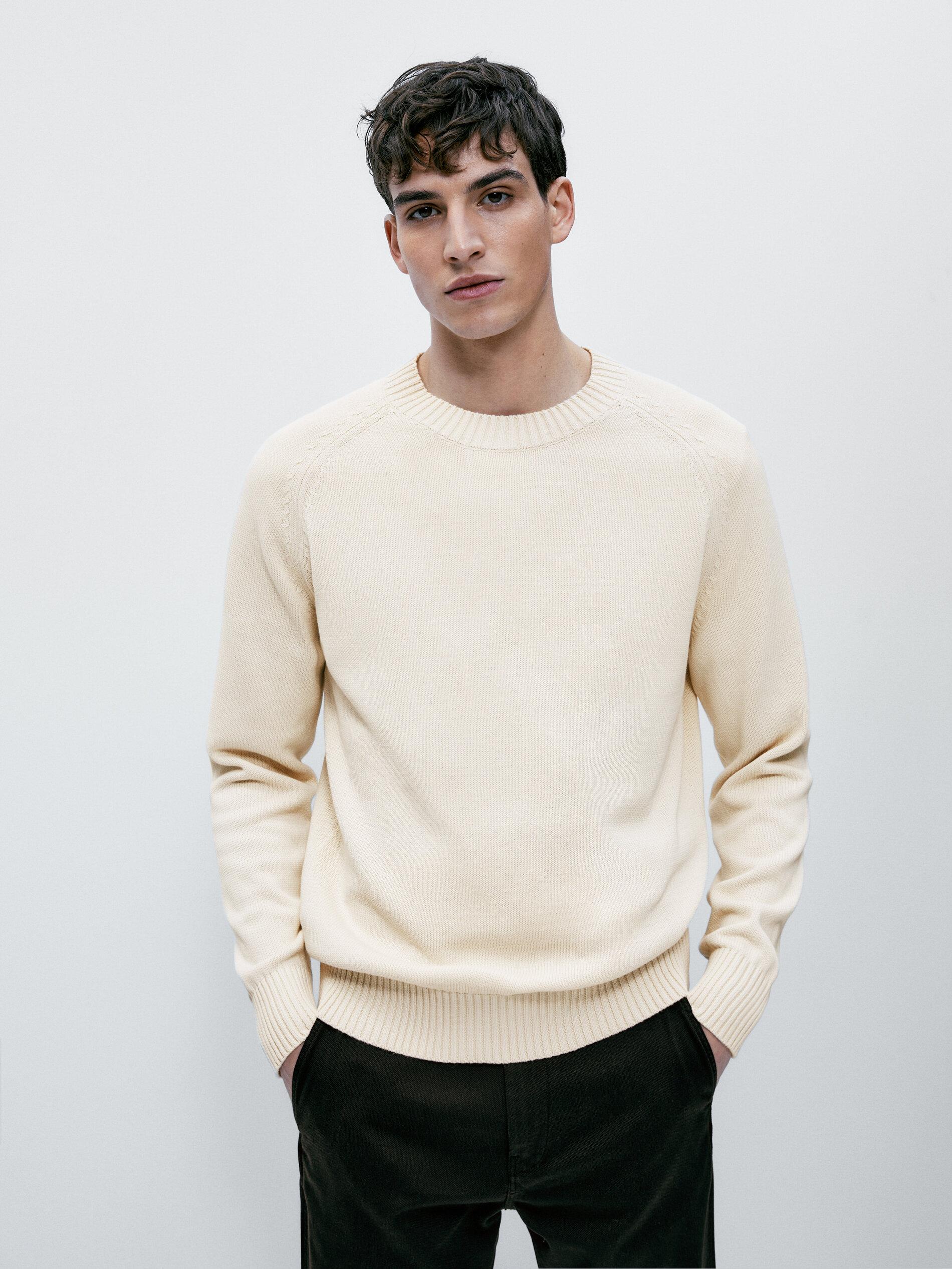 Jersey cuello redondo 100% algodón - Beige