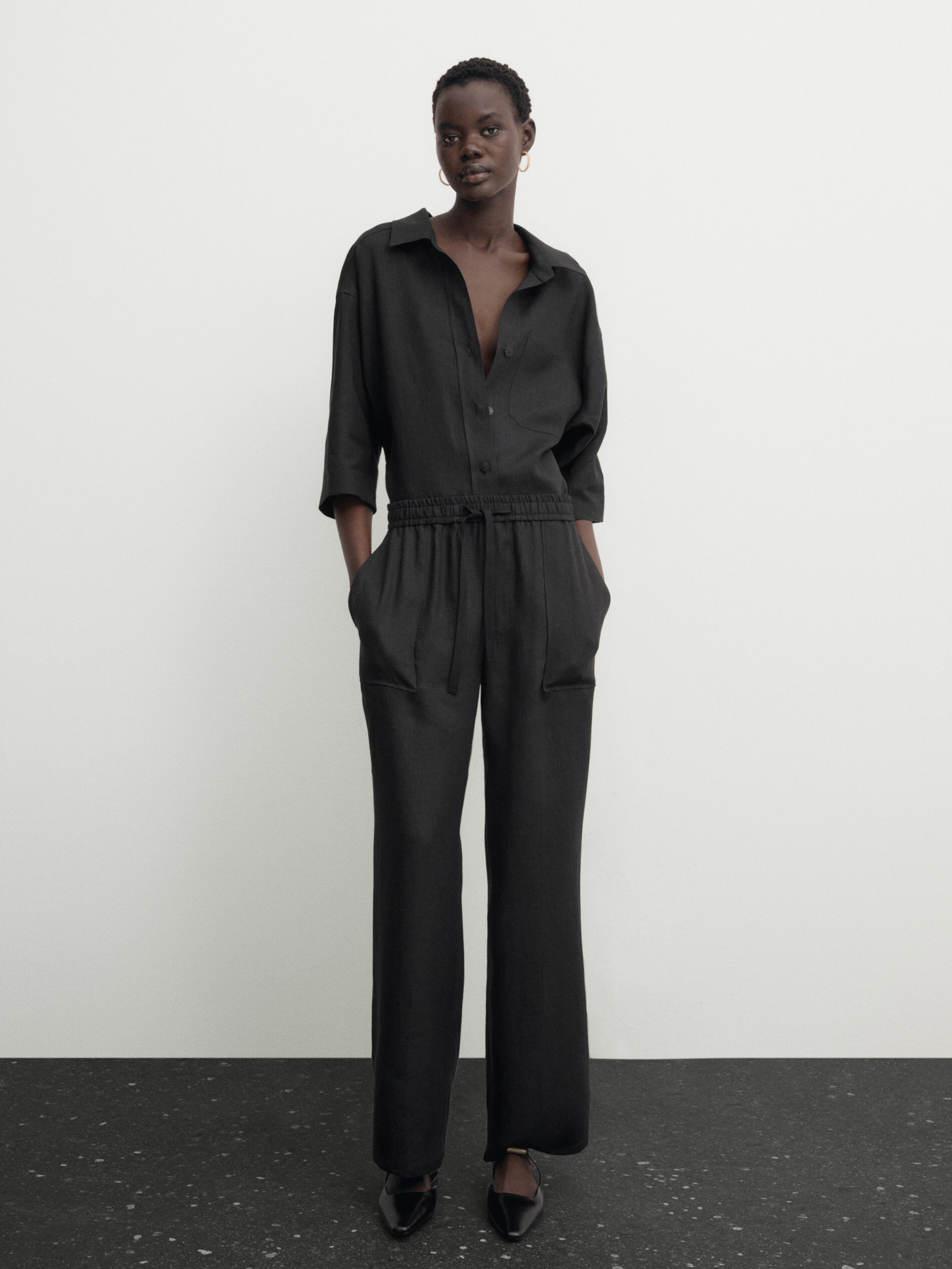 Pantalón jogging lino bolsillo carpintero - NEGRO