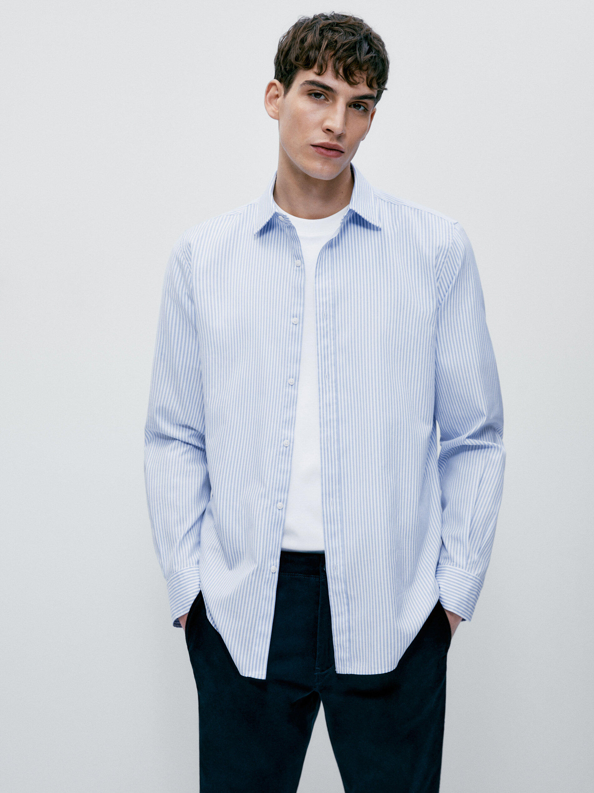 Camisa oxford rayas algodón slim fit - CELESTE