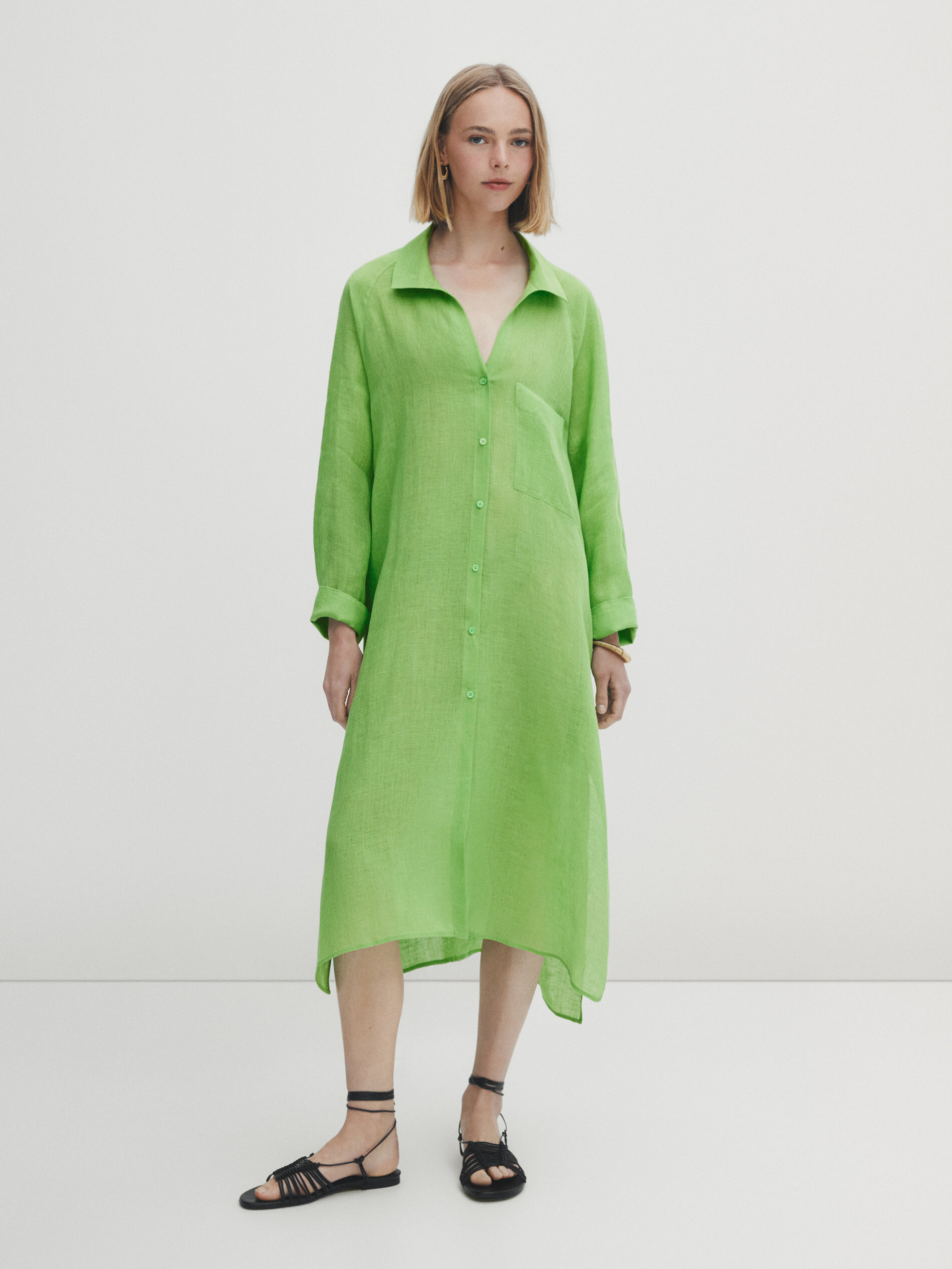 Maxi blusón camisero 100% lino bolsillo - VERDE CLARO