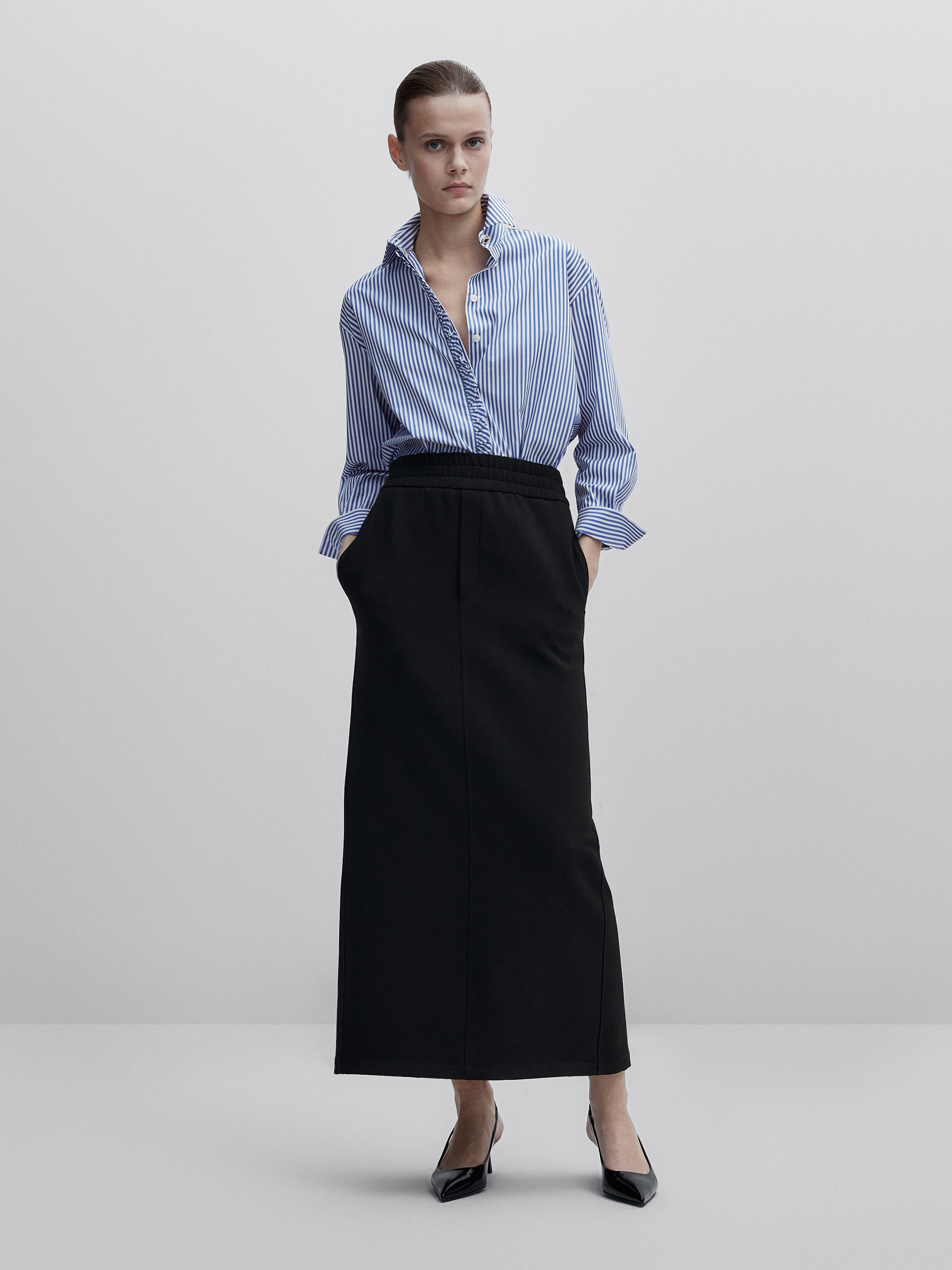 Camisa rayas popelín detalle volante -Studio - AZUL MARINO