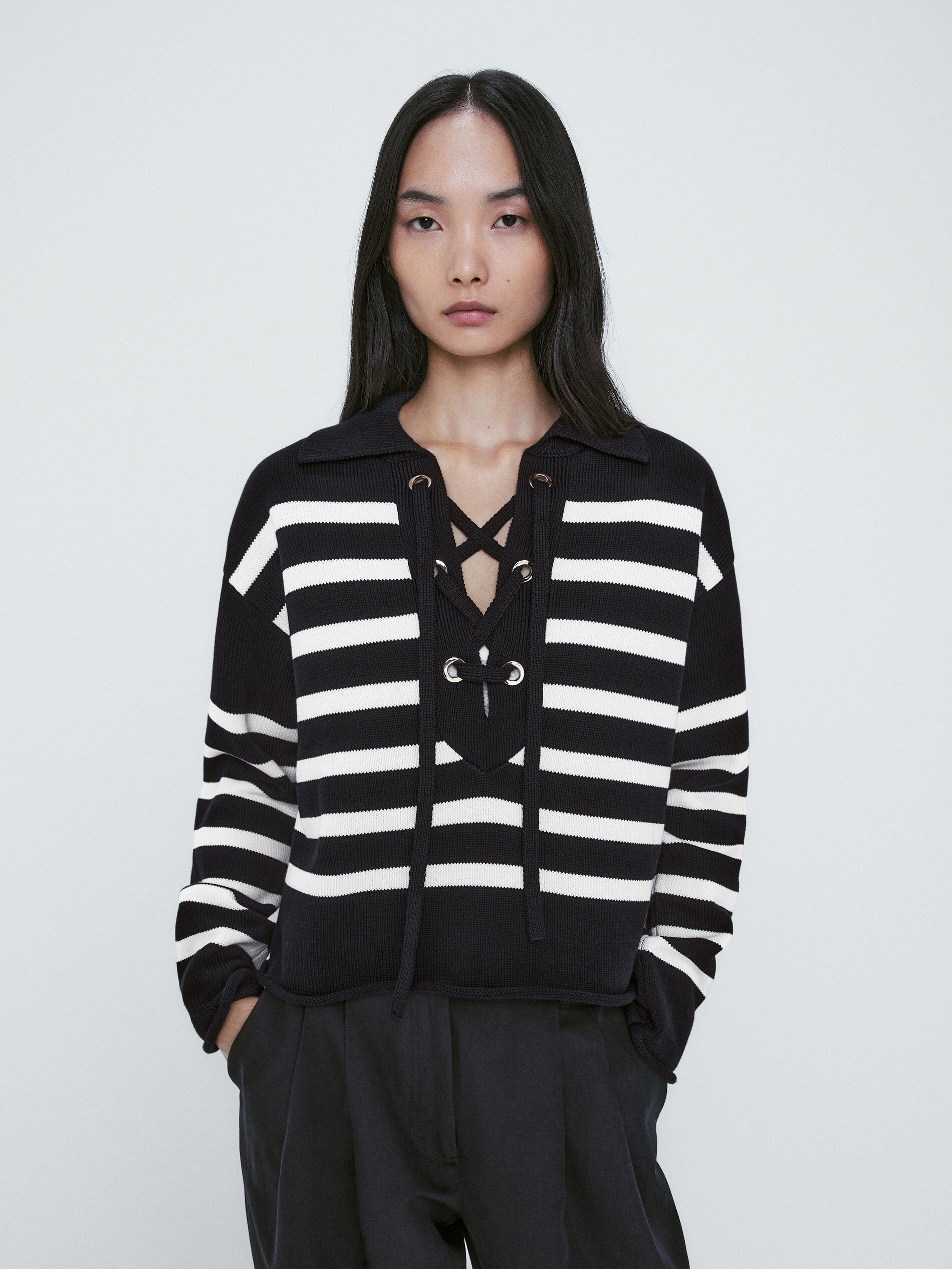 Jersey punto rayas cuello entrelazado - AZUL MARINO