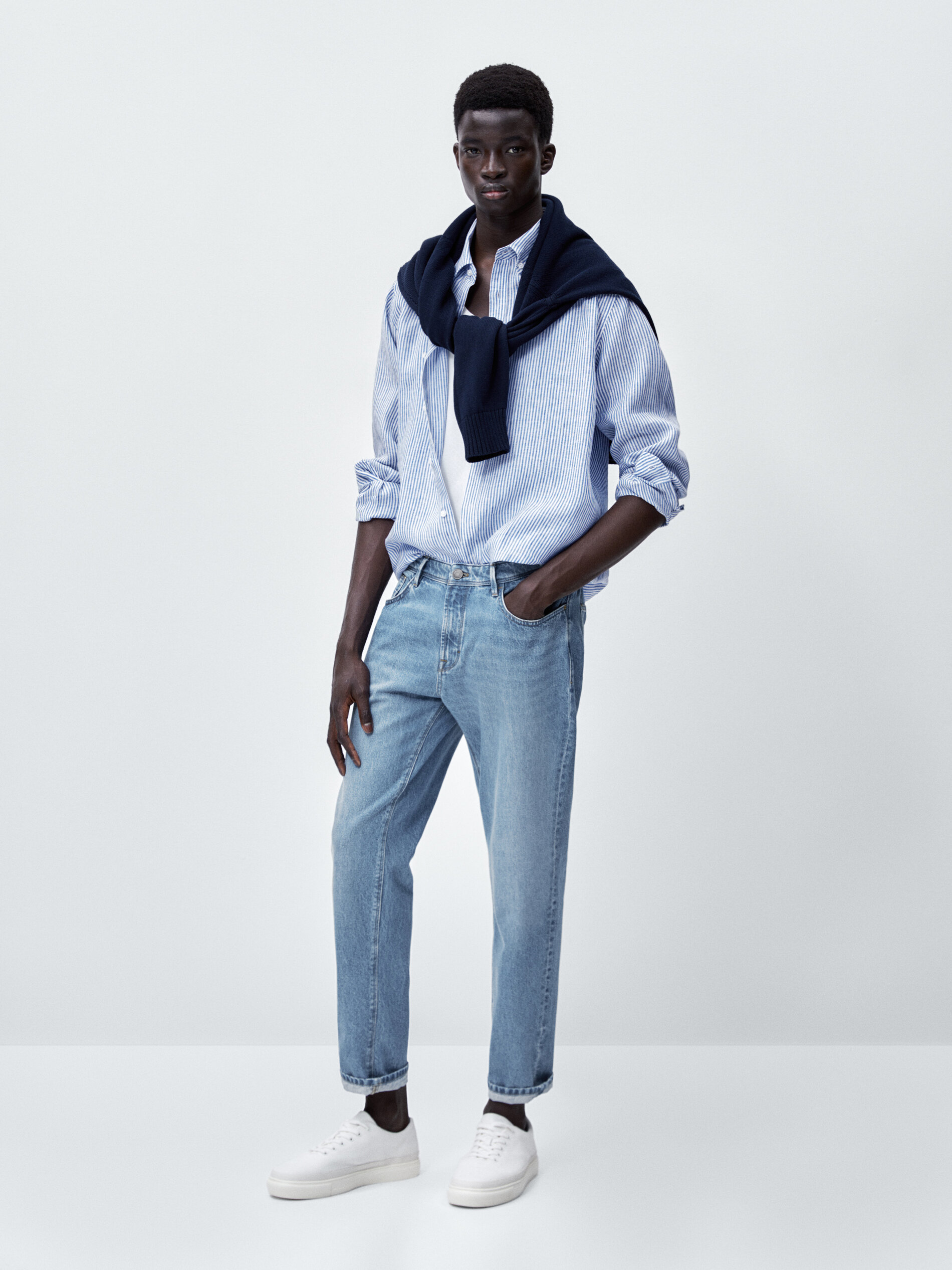 Camisa rayas doble tono lino slim fit - AZUL OSCURO