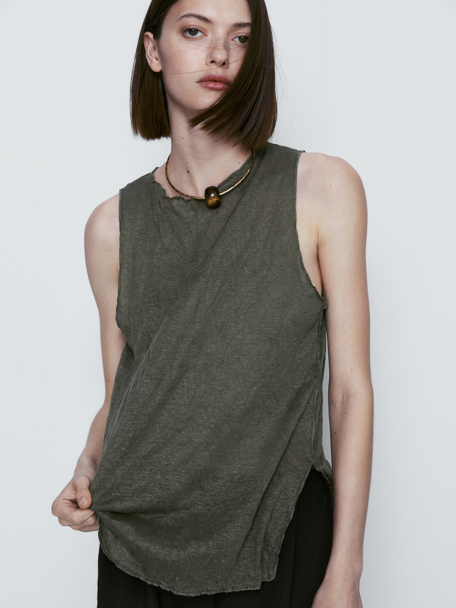 Camiseta mezcla lino efecto arrugado - KAKI CLARO