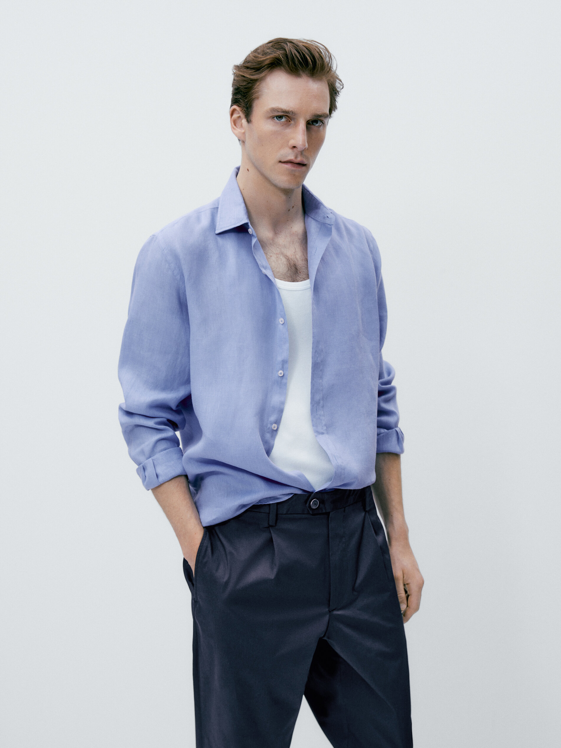 Camisa 100% lino slim fit - AZUL MEDIO