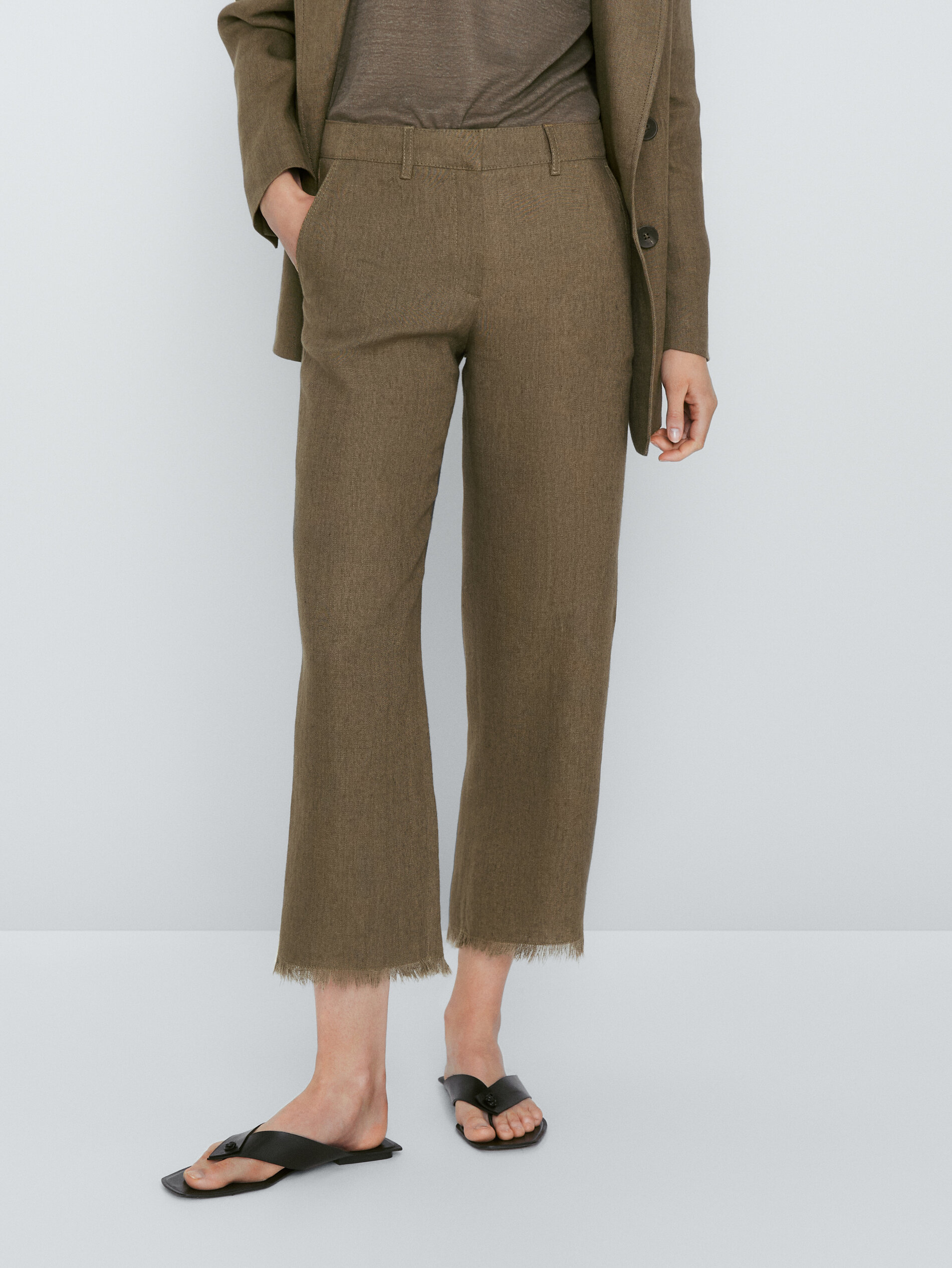 Americana traje cruzada lino rústico - OLIVA OSC