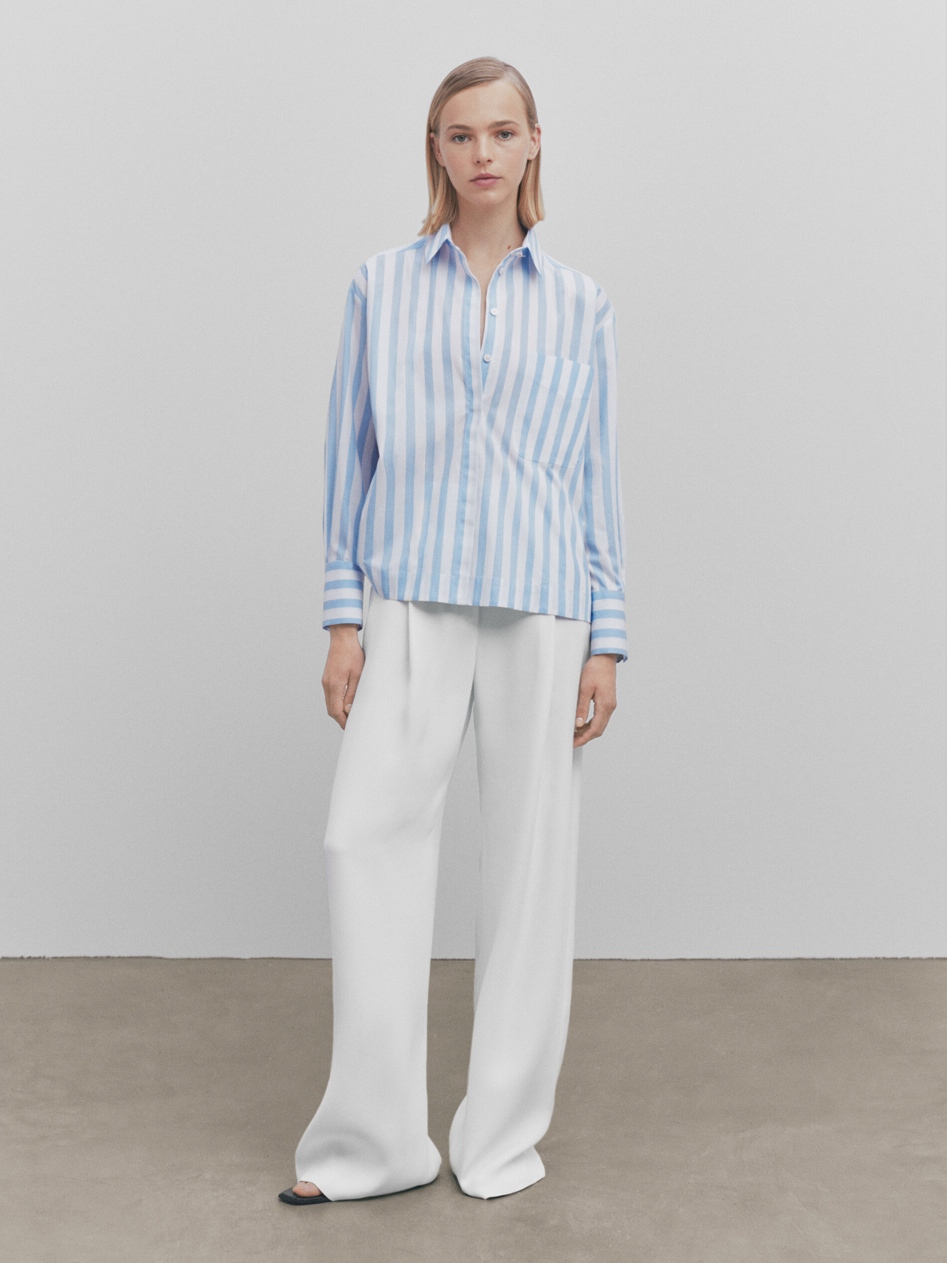 Camisa rayas popelín bolsillo -Studio - CELESTE