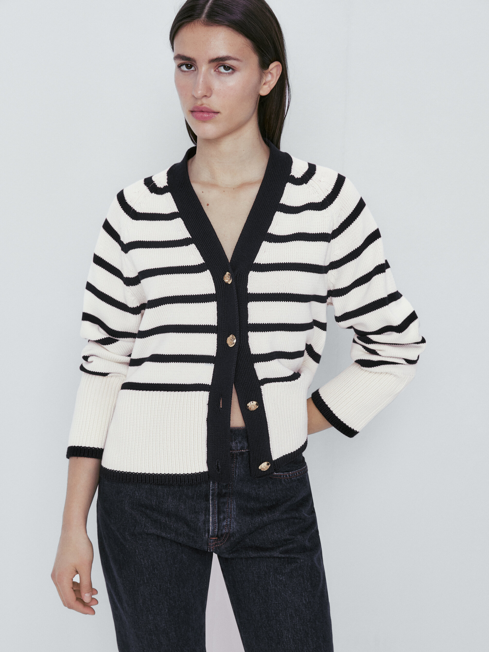 Cárdigan punto rayas cuello pico - CRUDO