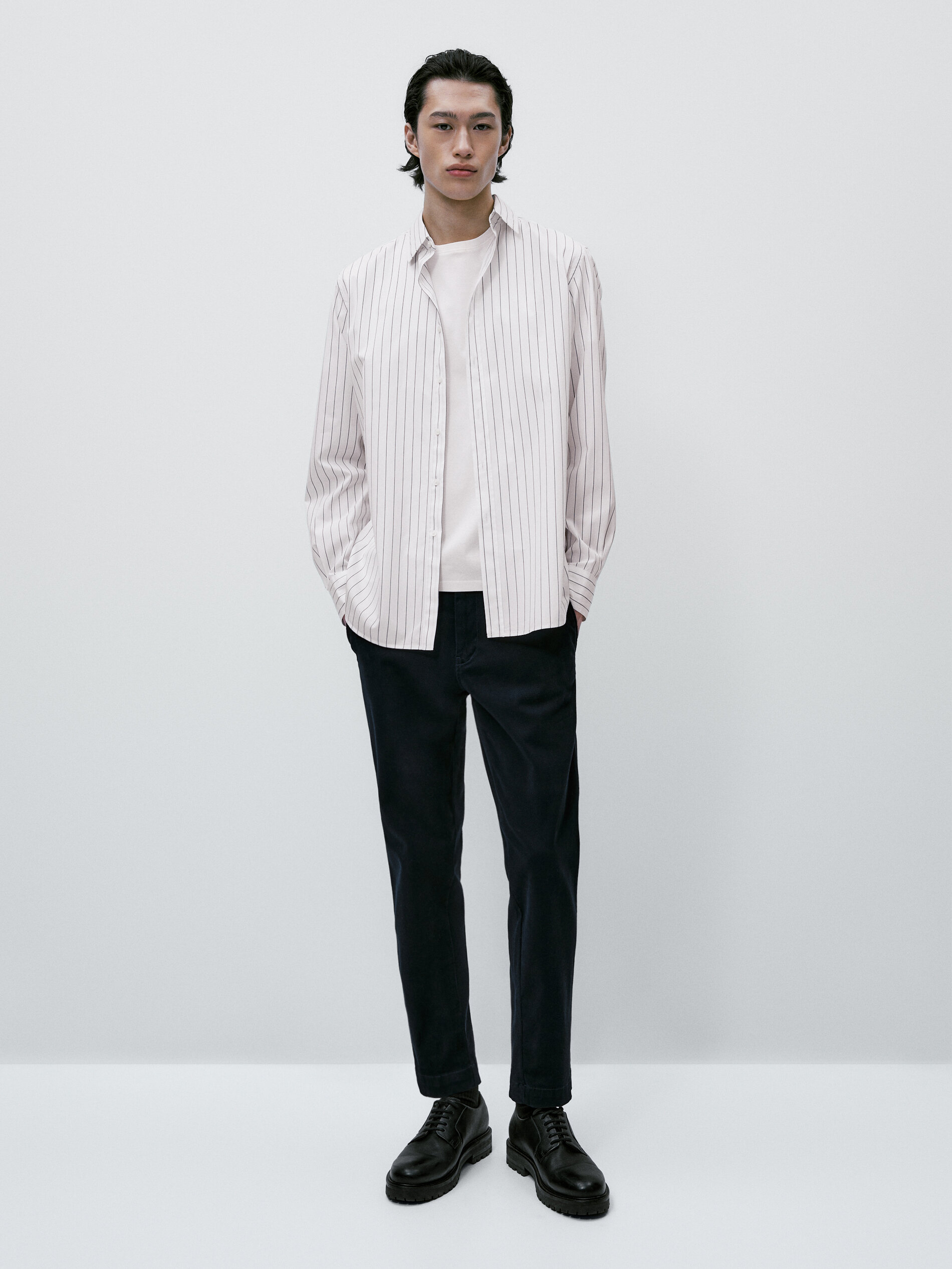 Camisa popelín algodón rayas regular fit - AZUL MARINO