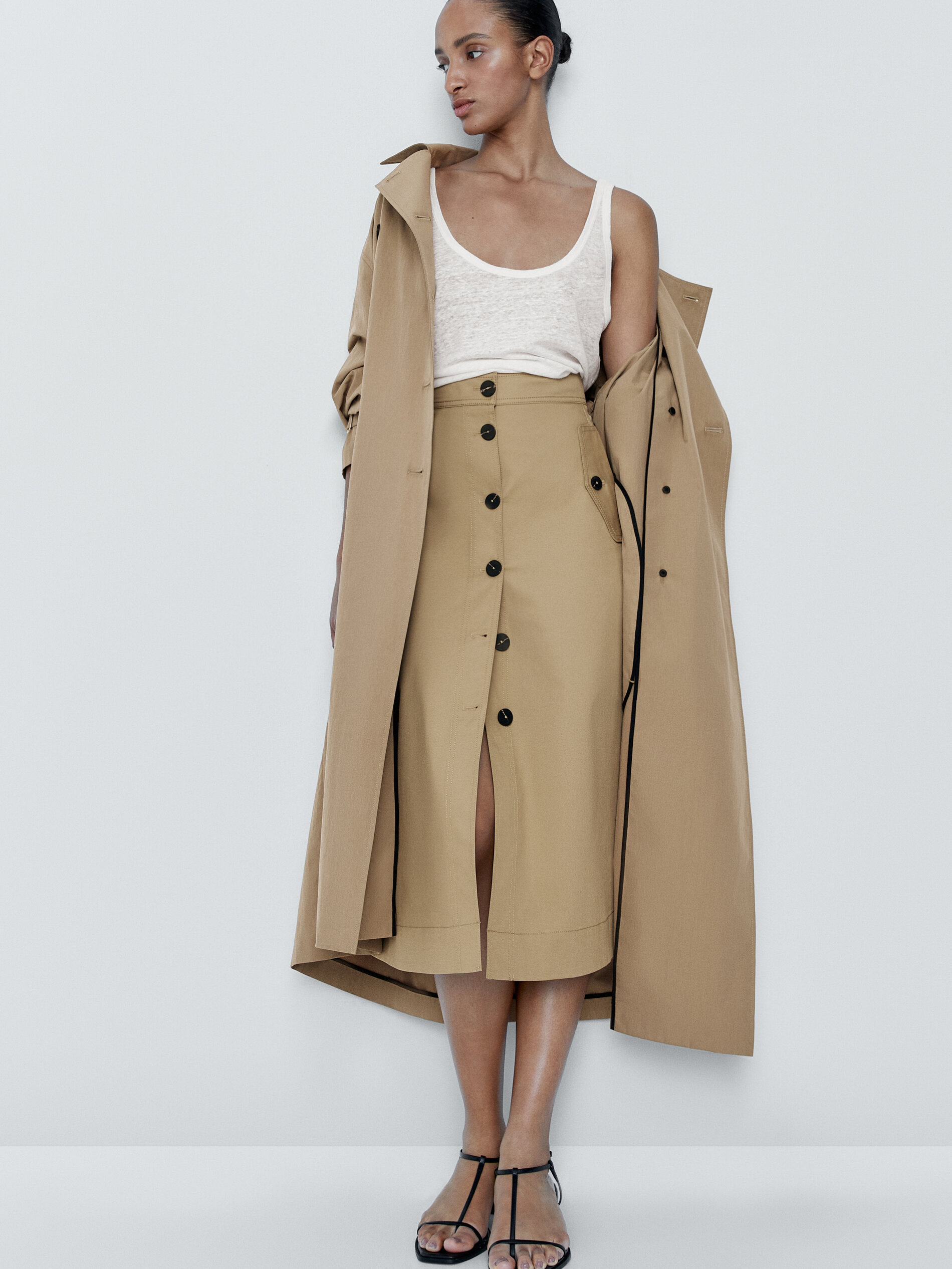 Falda midi botones contraste - BEIGE