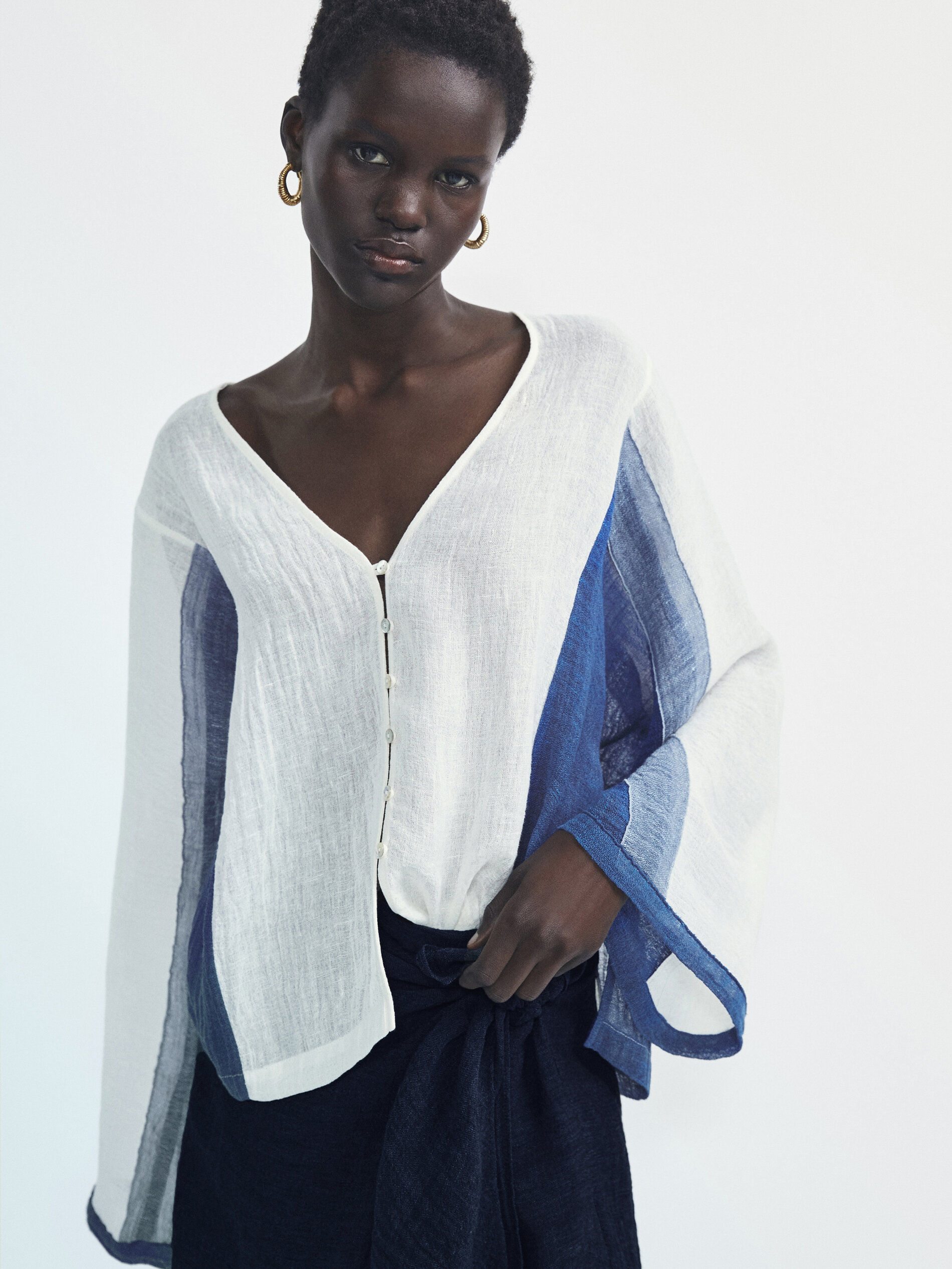 Camisa mezcla lino gofrado combinado - BLANCO