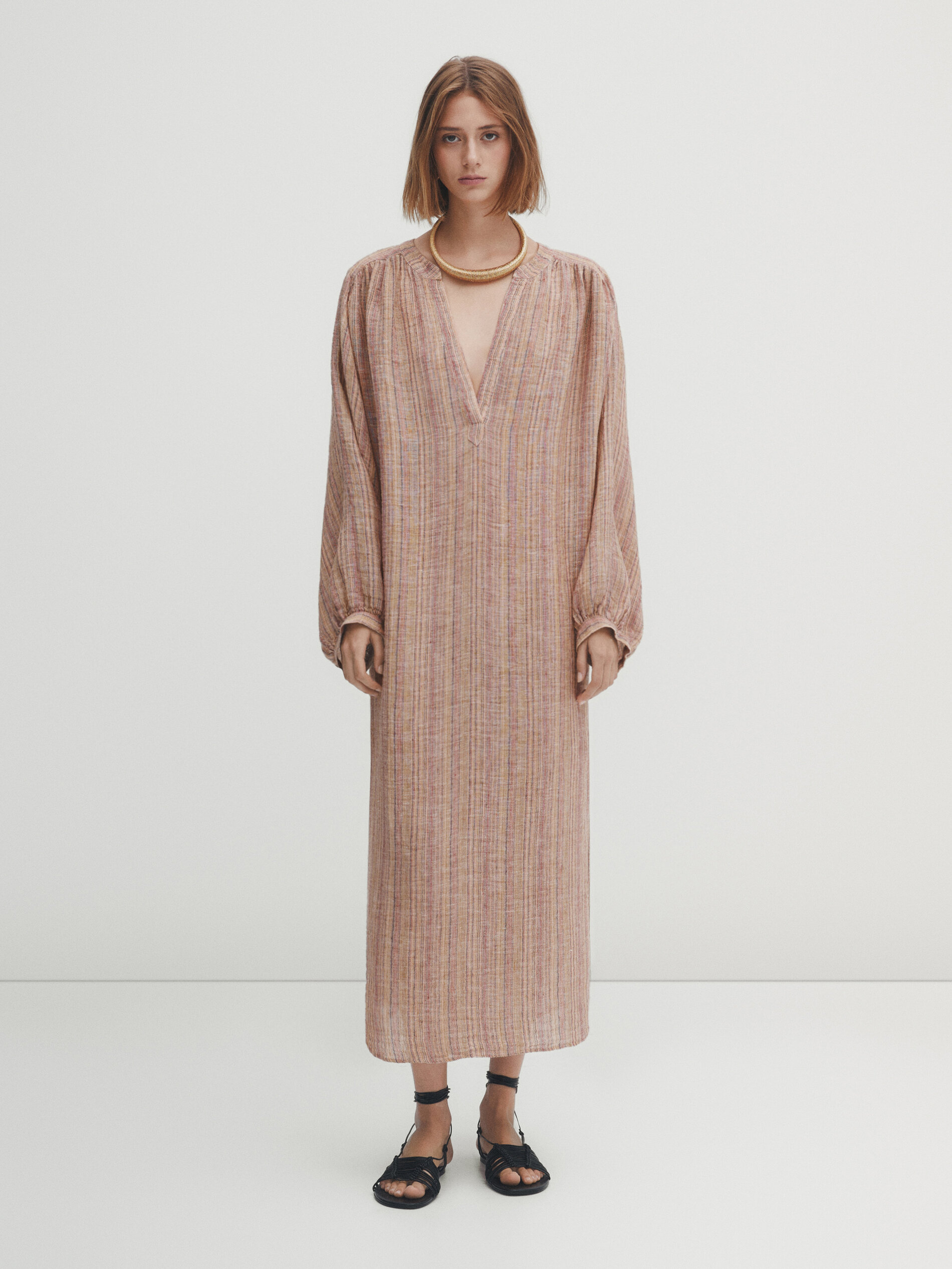 Vestido túnica rayas mezcla lino - Combinado