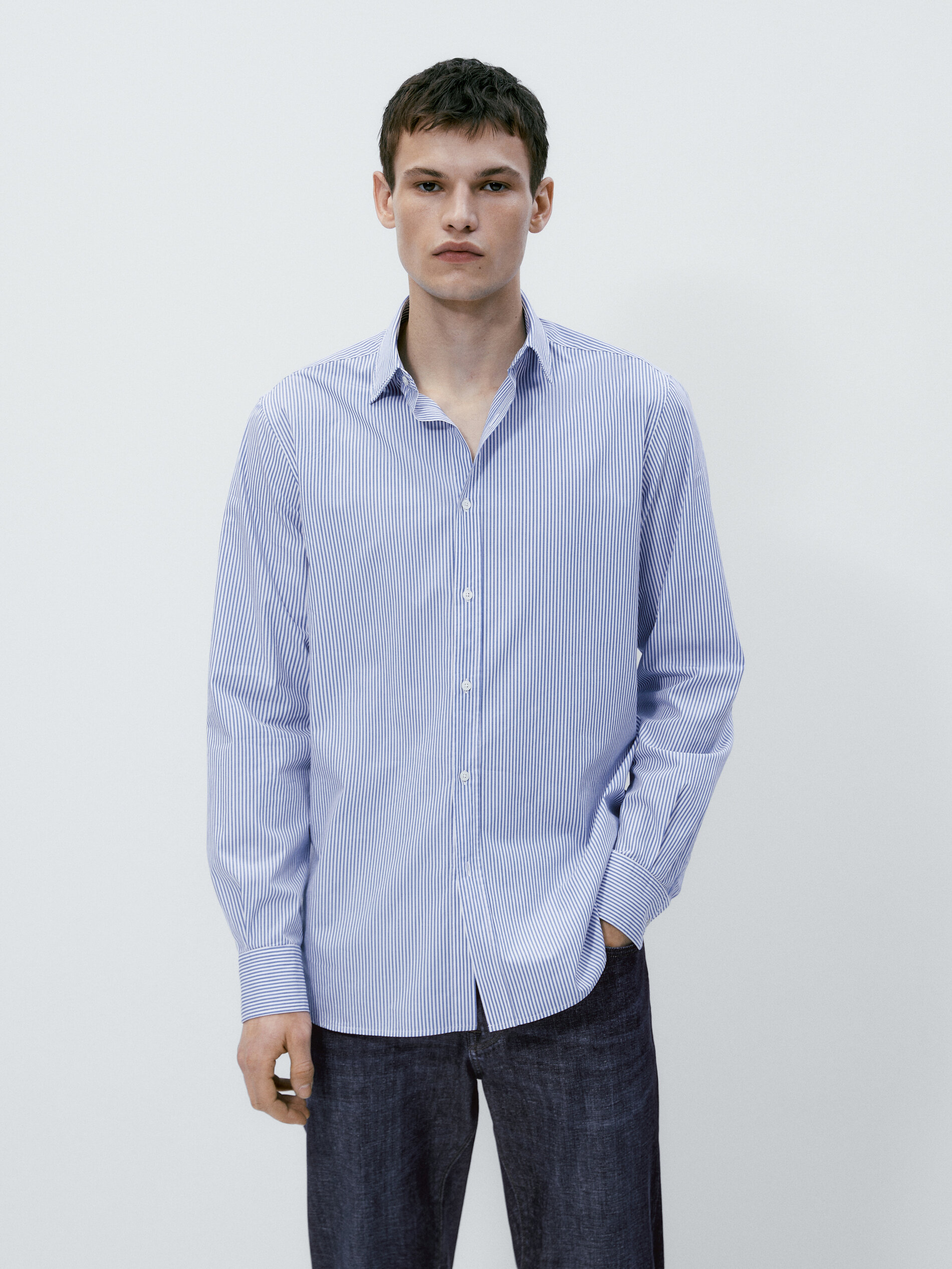 Camisa popelín rayas algodón slim fit - CELESTE