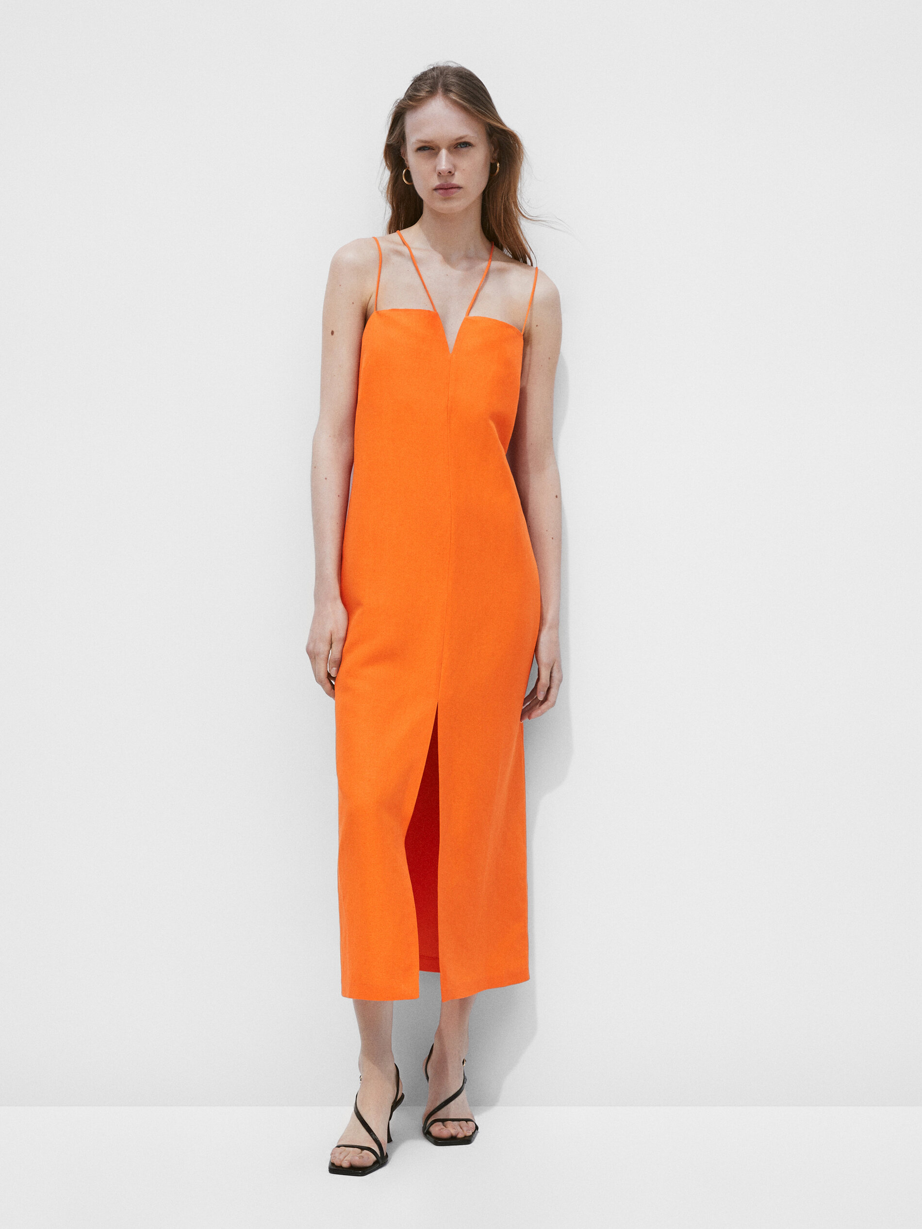 Vestido con lino tirantes abertura - NARANJA