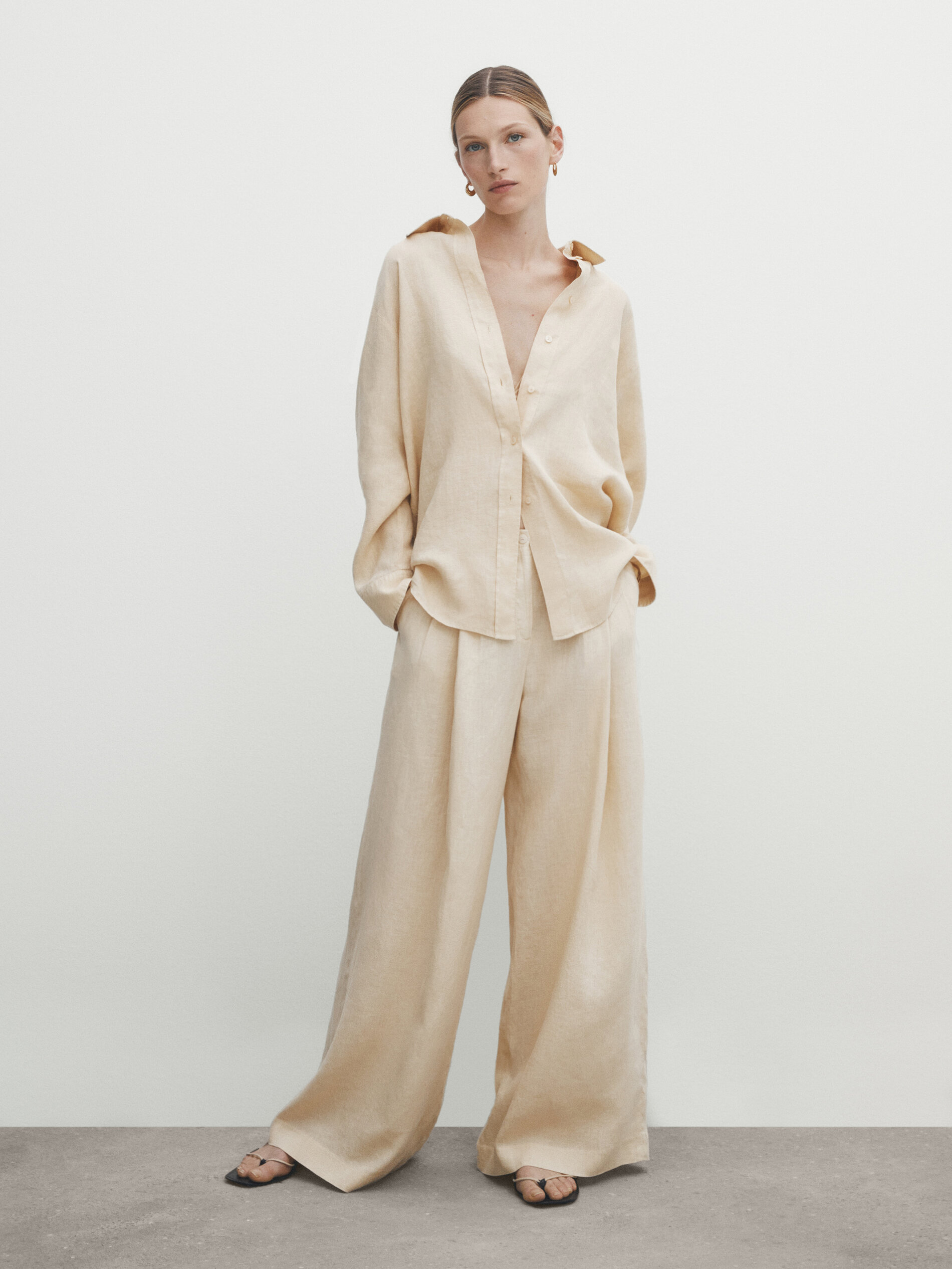 Pantalón conjunto 100% lino pinzas - Garbanzo