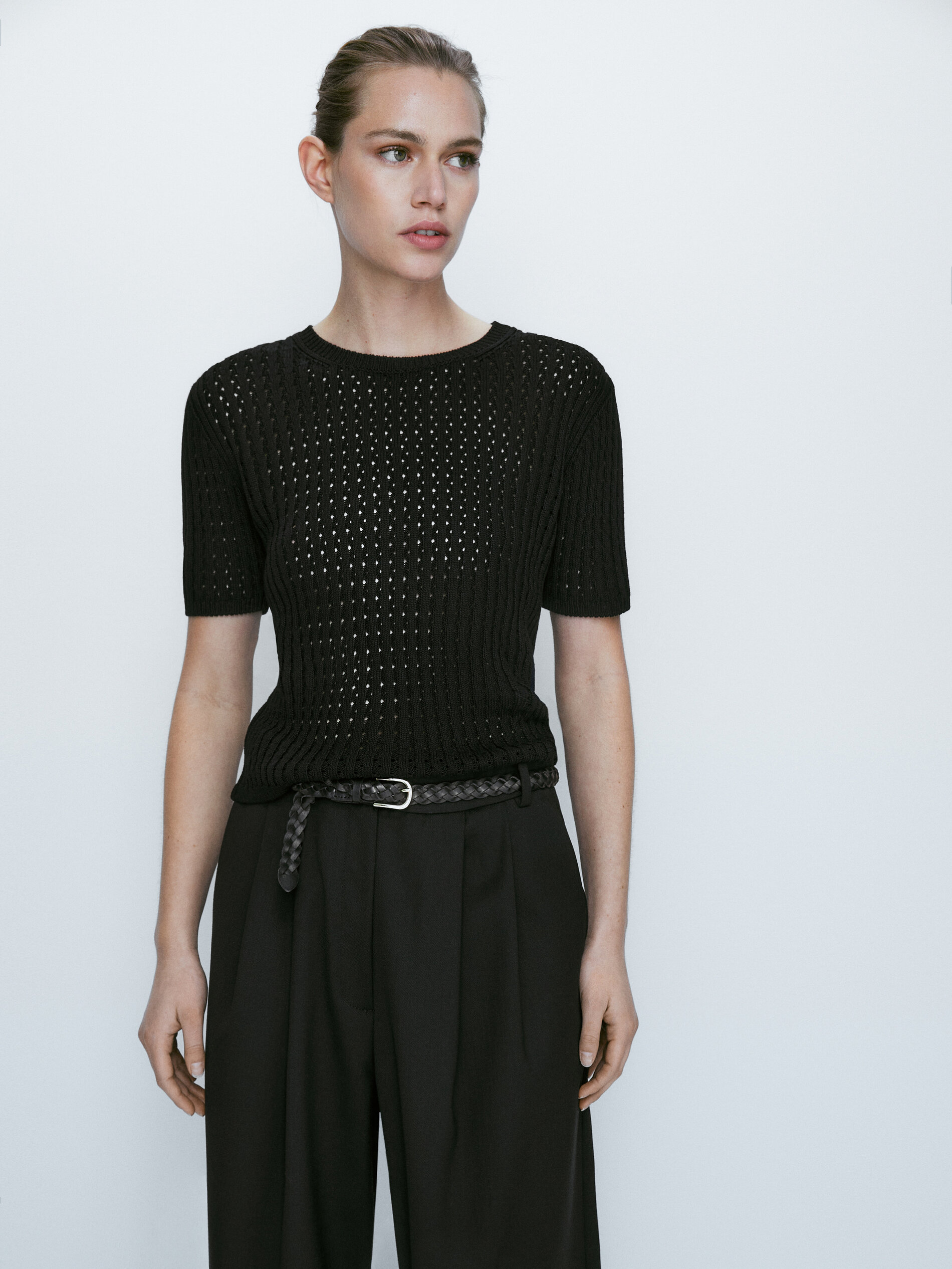 Jersey punto calado manga corta - NEGRO