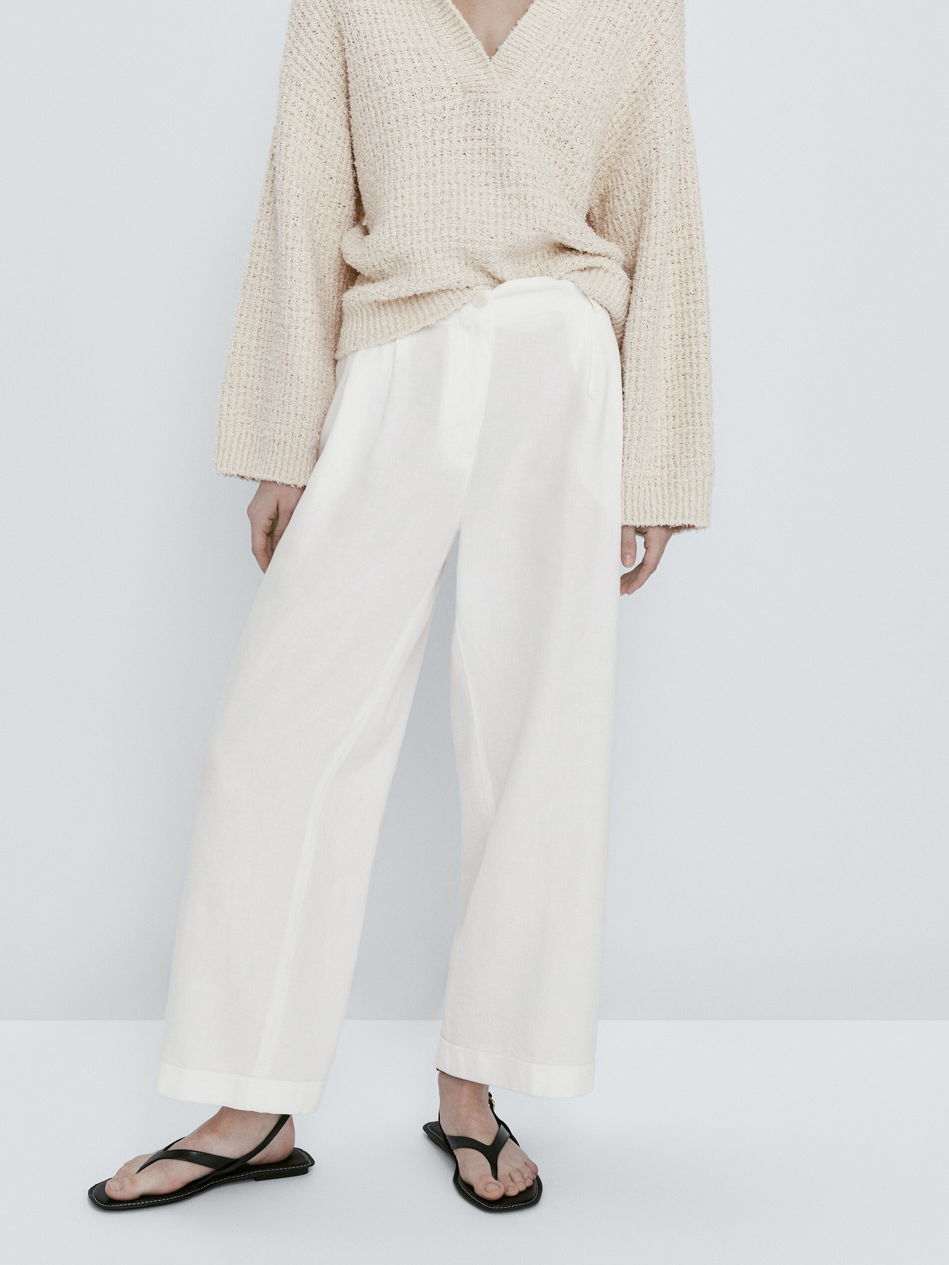 Pantalón pinzas mezcla lino - CRUDO