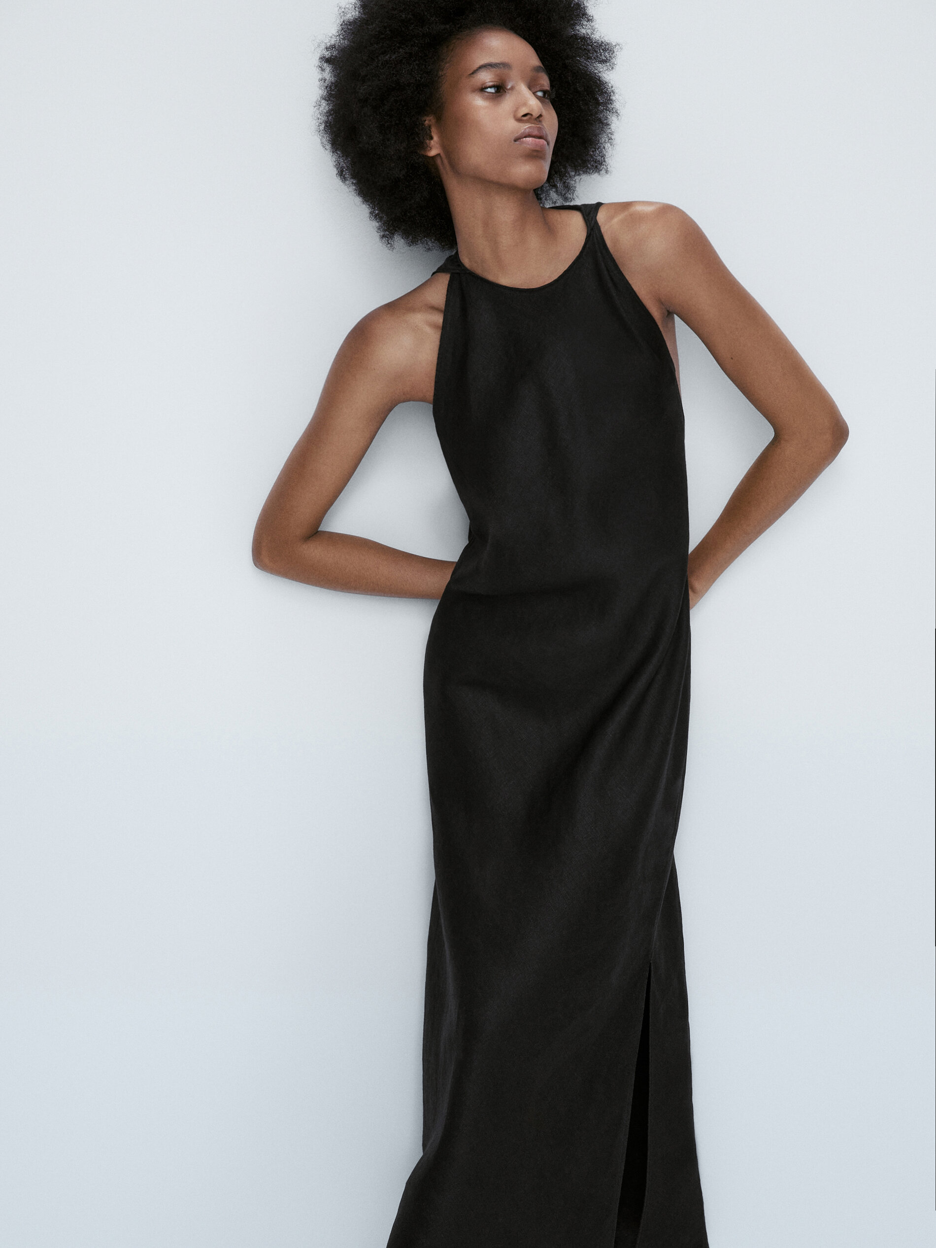 Vestido lino cuello halter - NEGRO